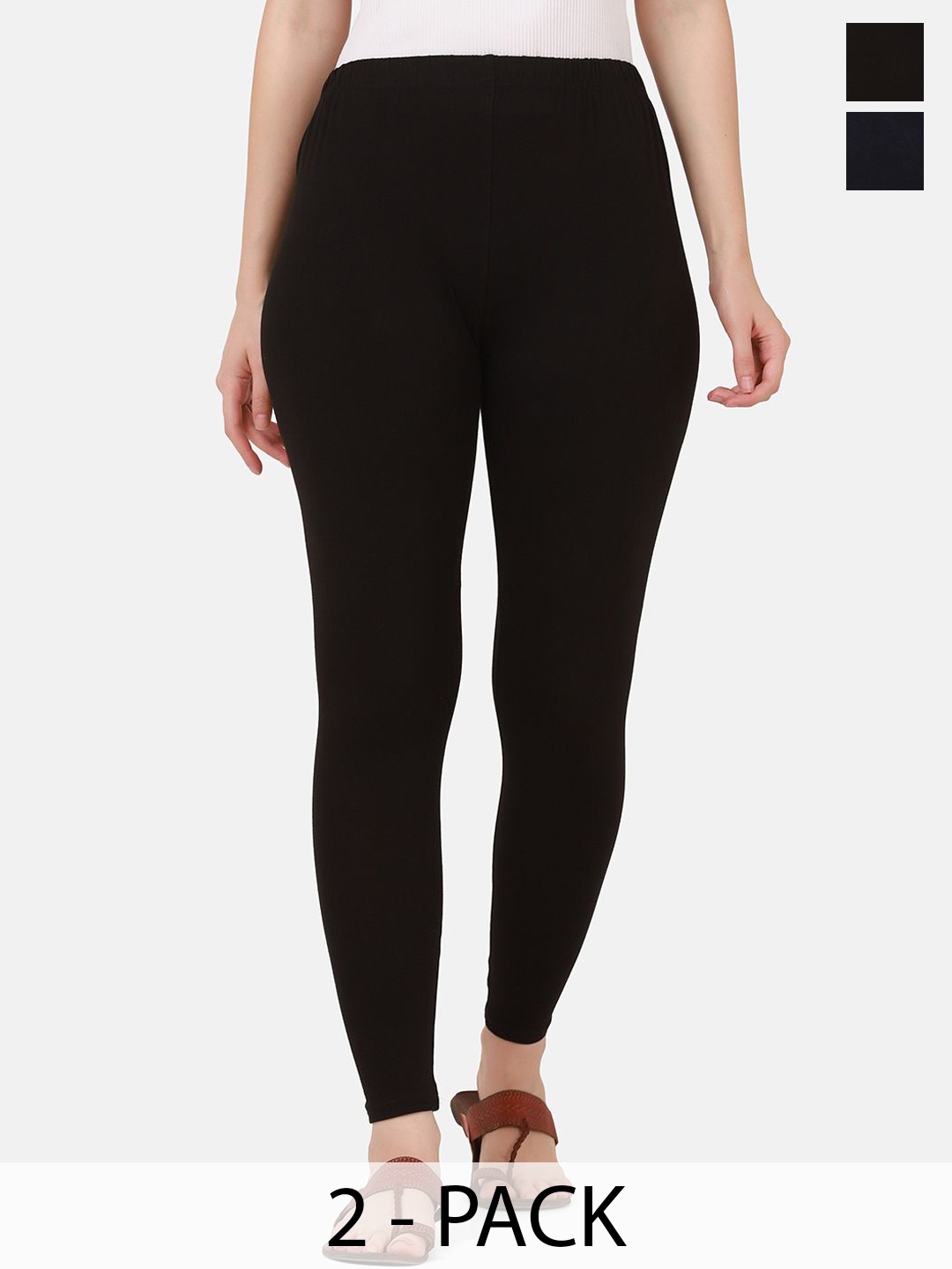 

DIMPY GARMENTS Pack Of 2 Pure Cotton Mid Rise Ankle Length Leggings, Navy blue