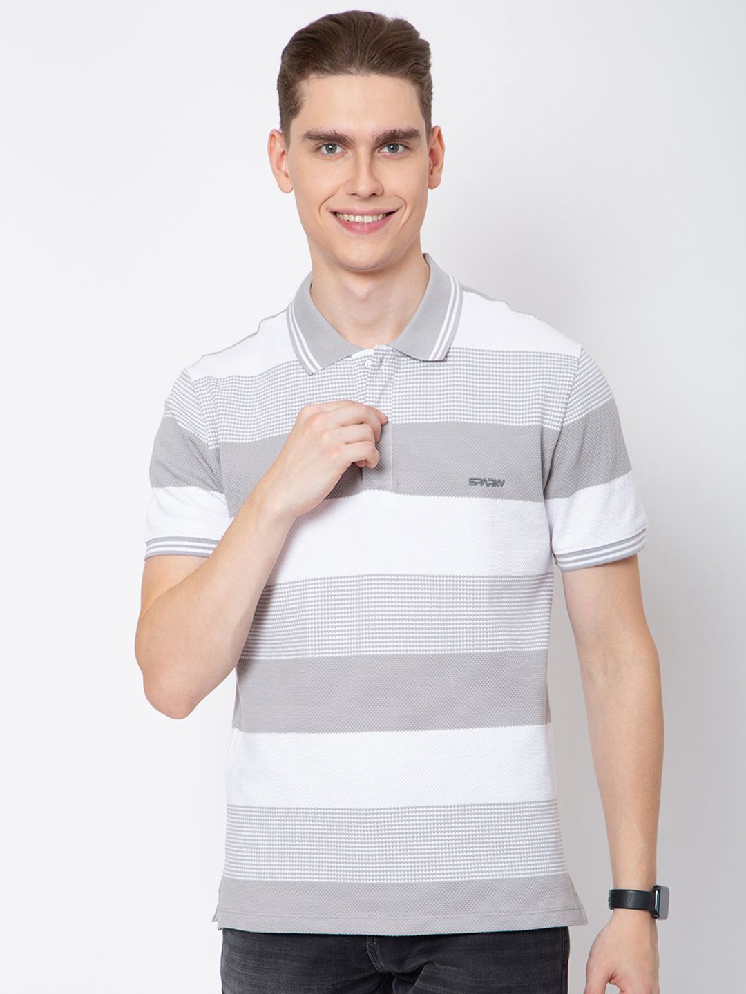 

Sparky Men Striped Polo Collar Pockets T-shirt, Grey