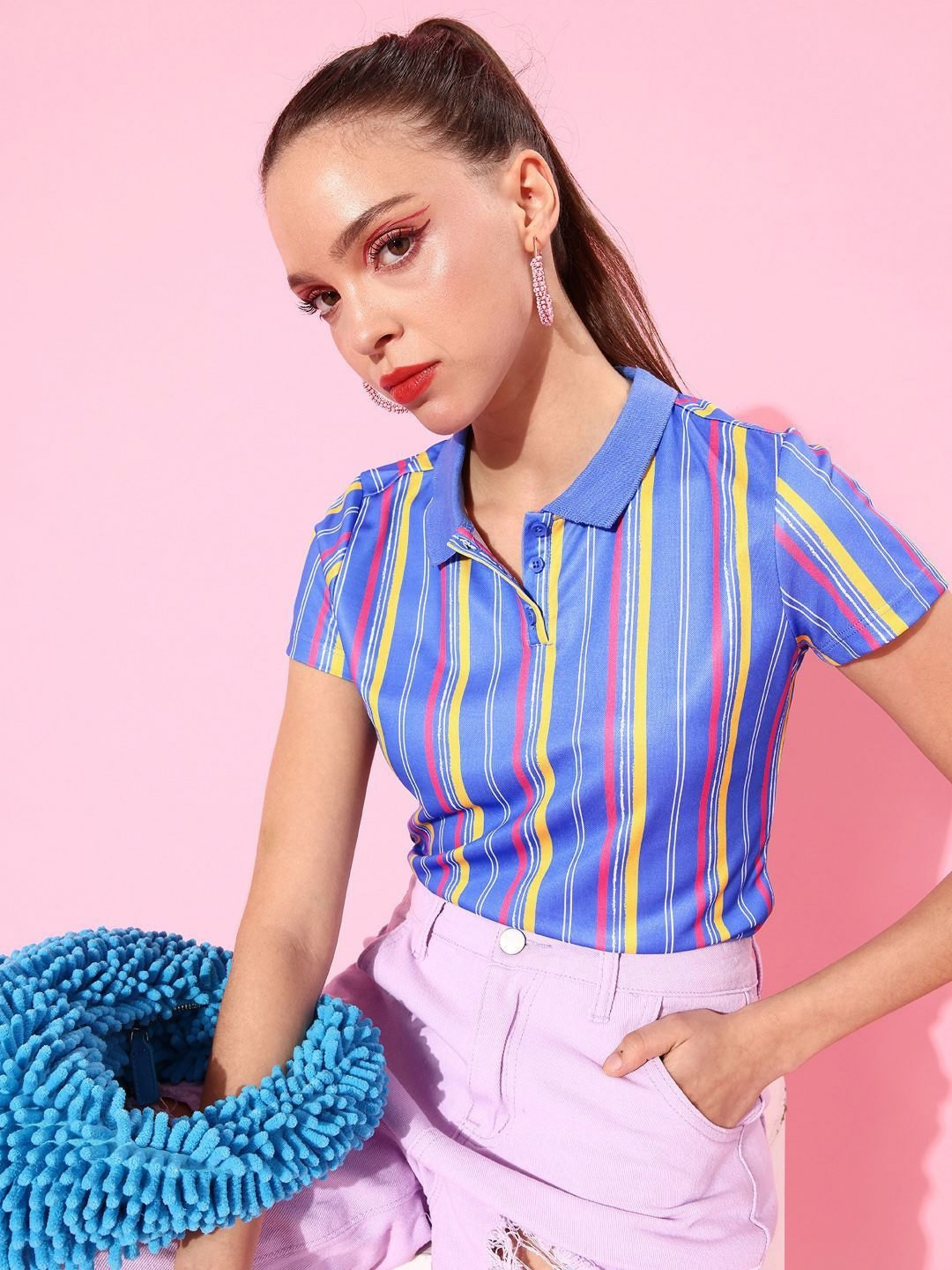 

DressBerry Women Striped Polo Collar T-shirt, Blue