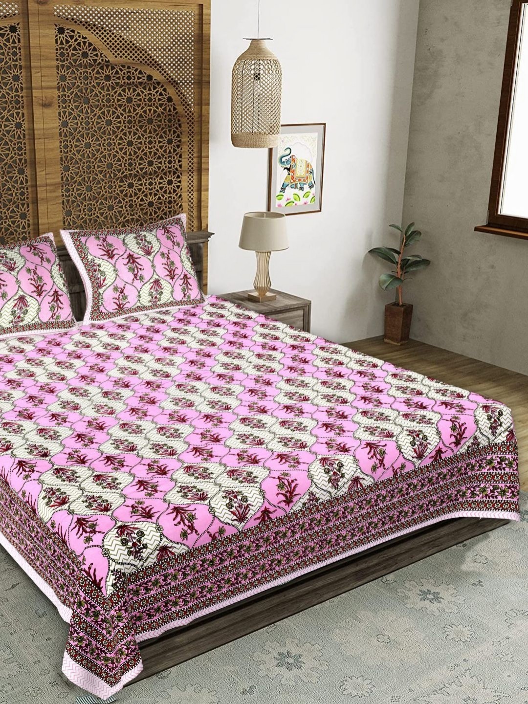 

Butea Crape Pink & Maroon Floral Printed Cotton 180 TC King Bedsheet Set 2.40 m x 2.15 m