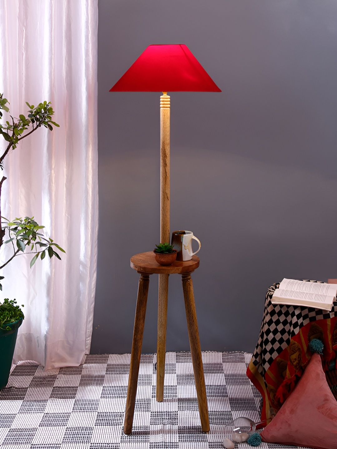 

Devansh Red & Brown Frustrum Shaped Wooden Floor Lamp With Shelf