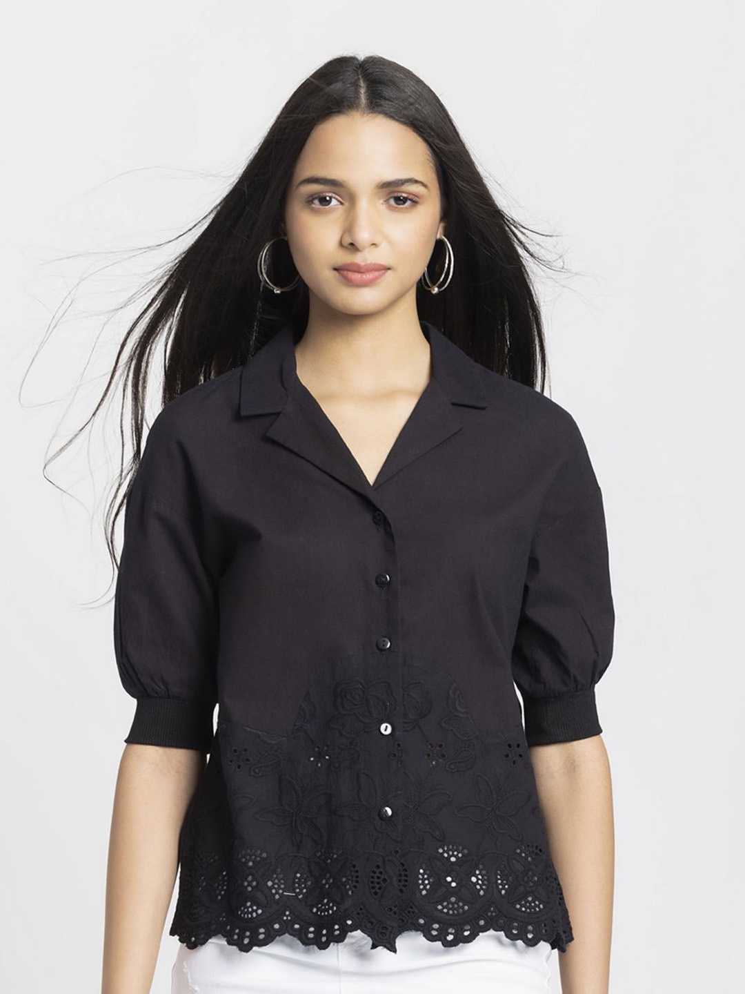 

SHAYE Women Relaxed Fit Floral Embroidered Cotton Casual Shirt, Black