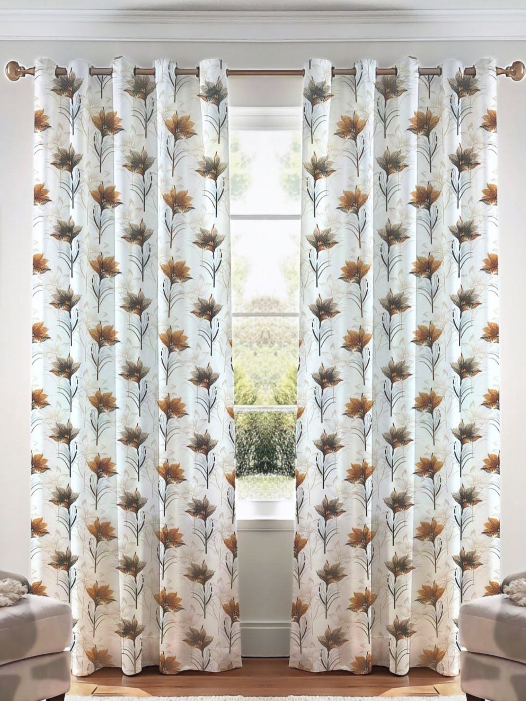 

Kanodia Poly Fab Brown & White Set of 2 Floral Door Curtain