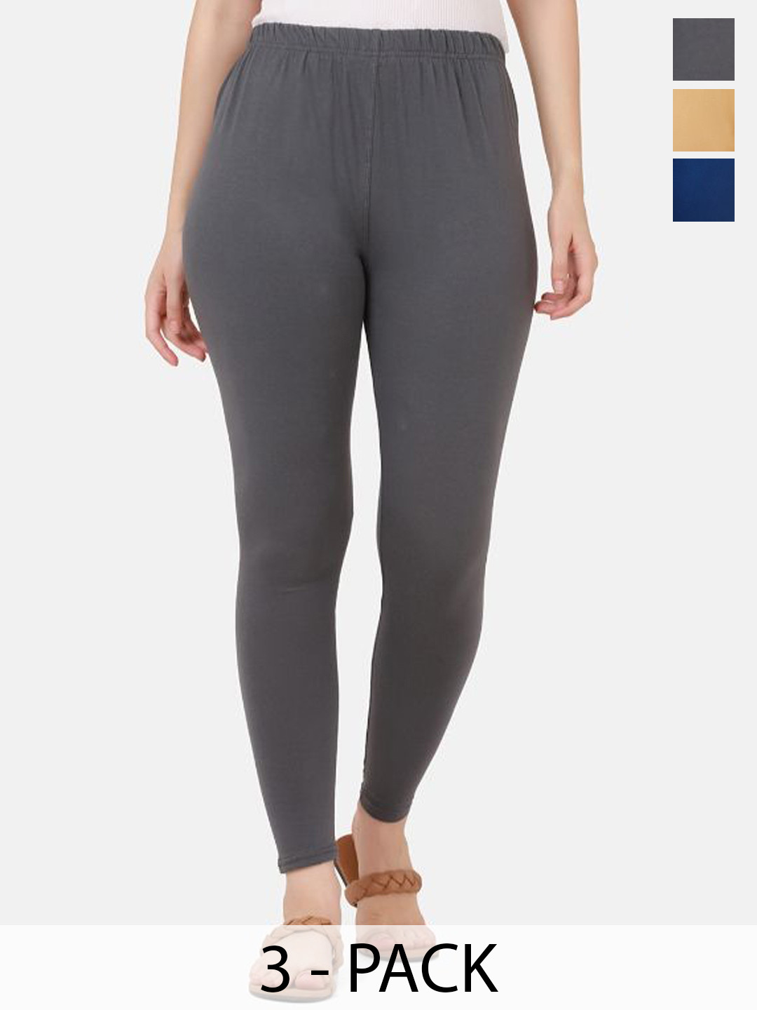

DIMPY GARMENTS Pack Of 3 Pure Cotton Slim Fit Mid Rise Ankle Length Leggings, Blue