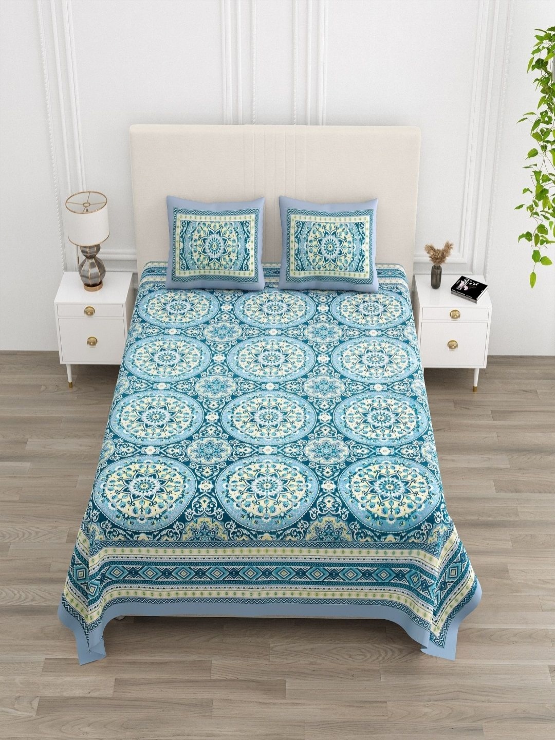 

tundwal's White & Blue Floral Printed 210 TC Cotton King Bedsheet Set 2.2 m x 2.74 m