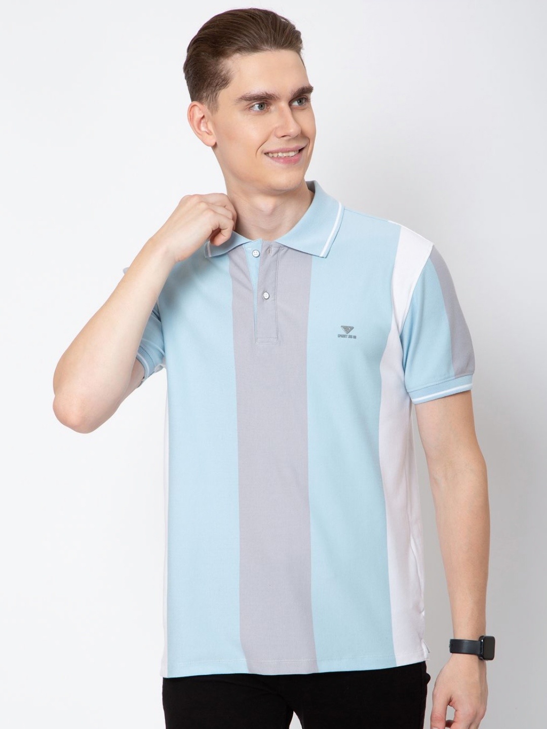 

Sparky Men Colourblocked Polo Collar Applique T-shirt, Blue