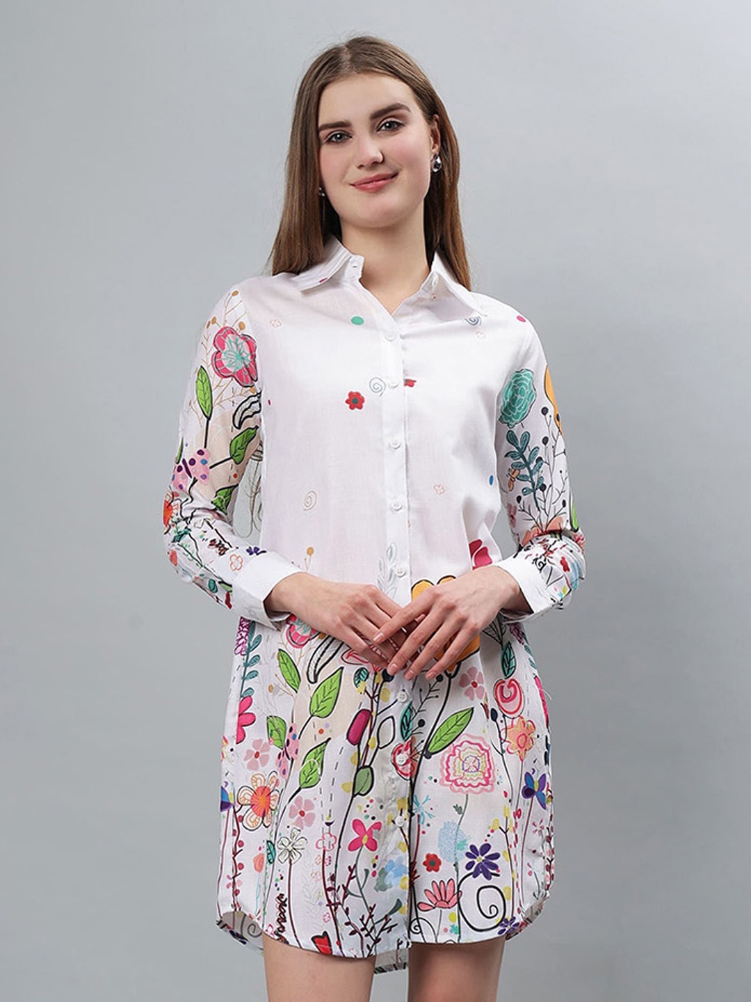 

ETRAANA Women Comfort Floral Printed Longline Casual Shirt, White