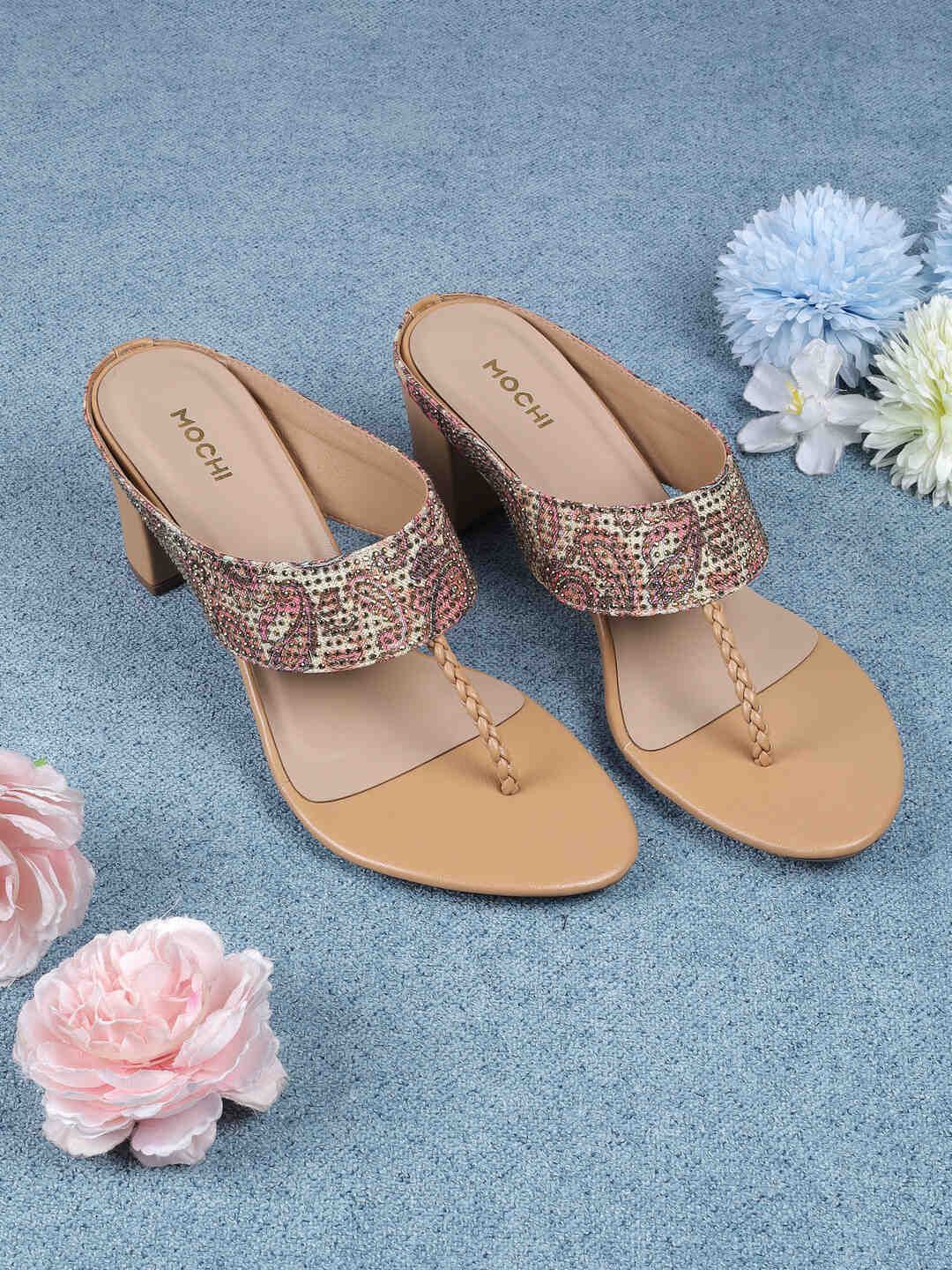 

Mochi Embellished Block Sandals, Beige