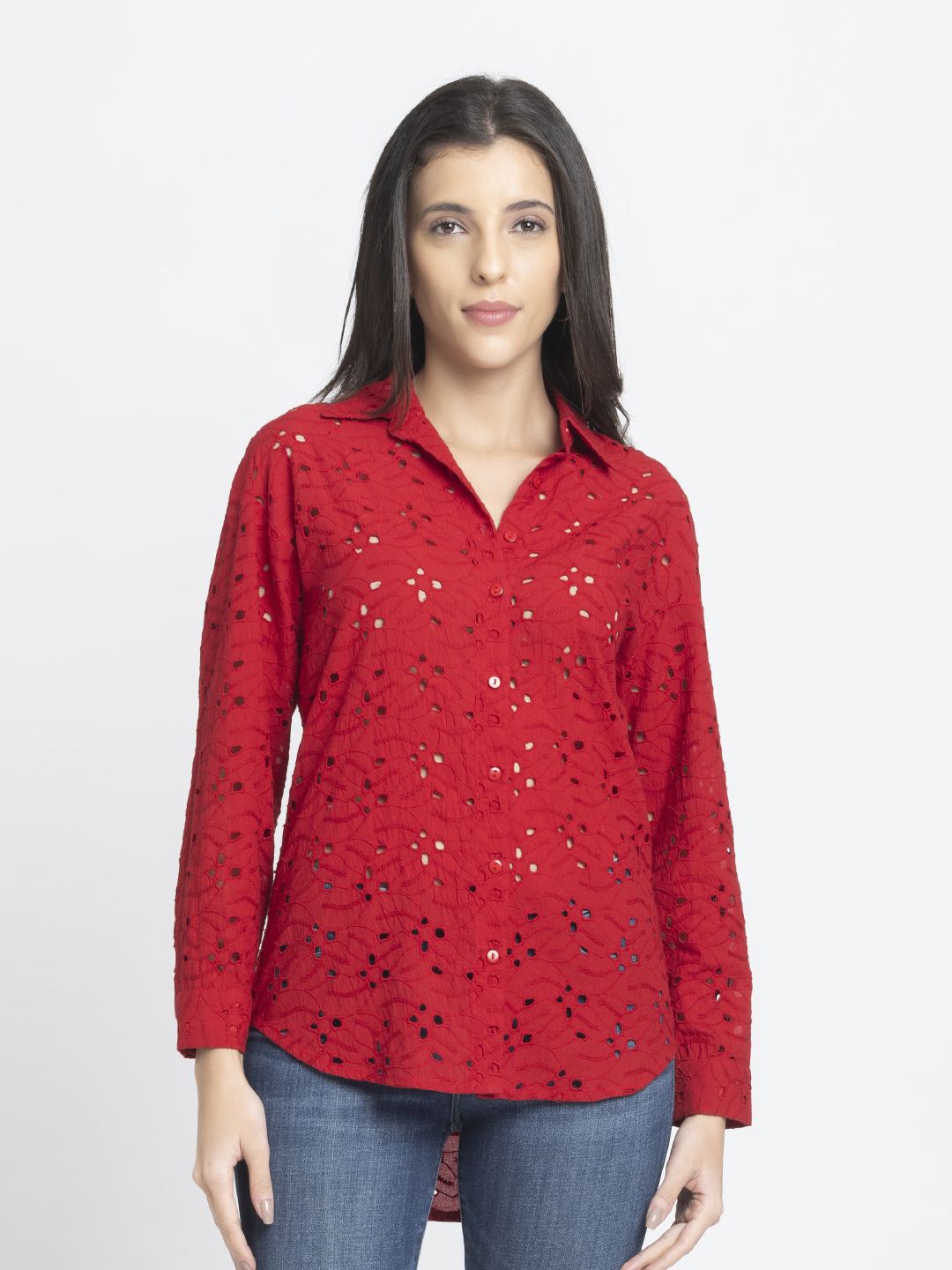 

SHAYE Women Relaxed Fit Schiffli Cotton Casual Shirt, Red