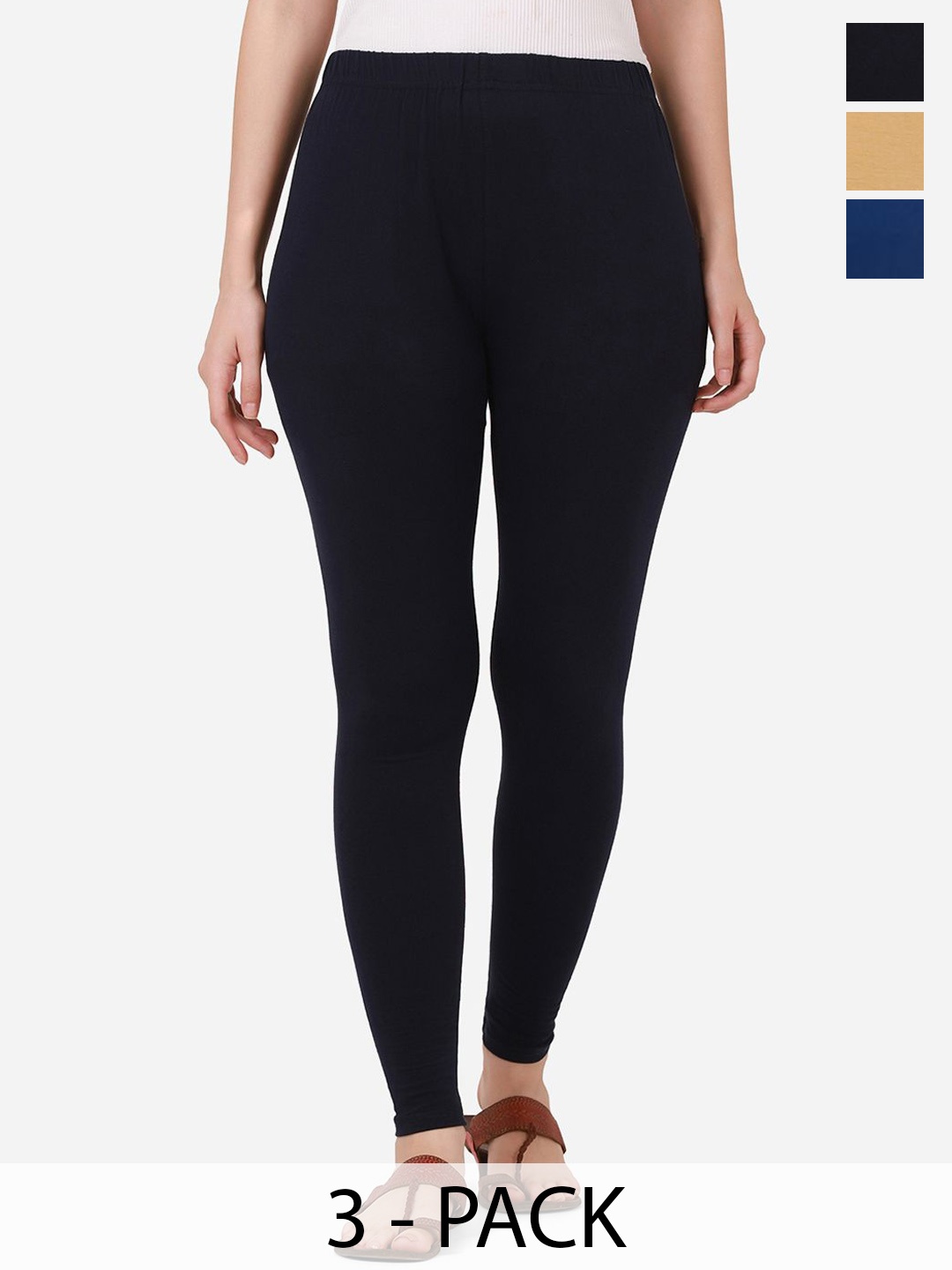 

DIMPY GARMENTS Pack Of 3 Pure Cotton Slim Fit Mid Rise Ankle Length Leggings, Blue