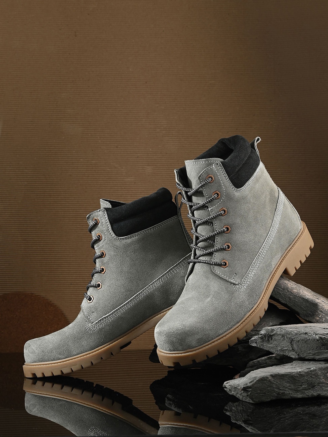 

SHENCES Men Genuine Leather High-Top Flatform Heel Lace Up Boots, Grey