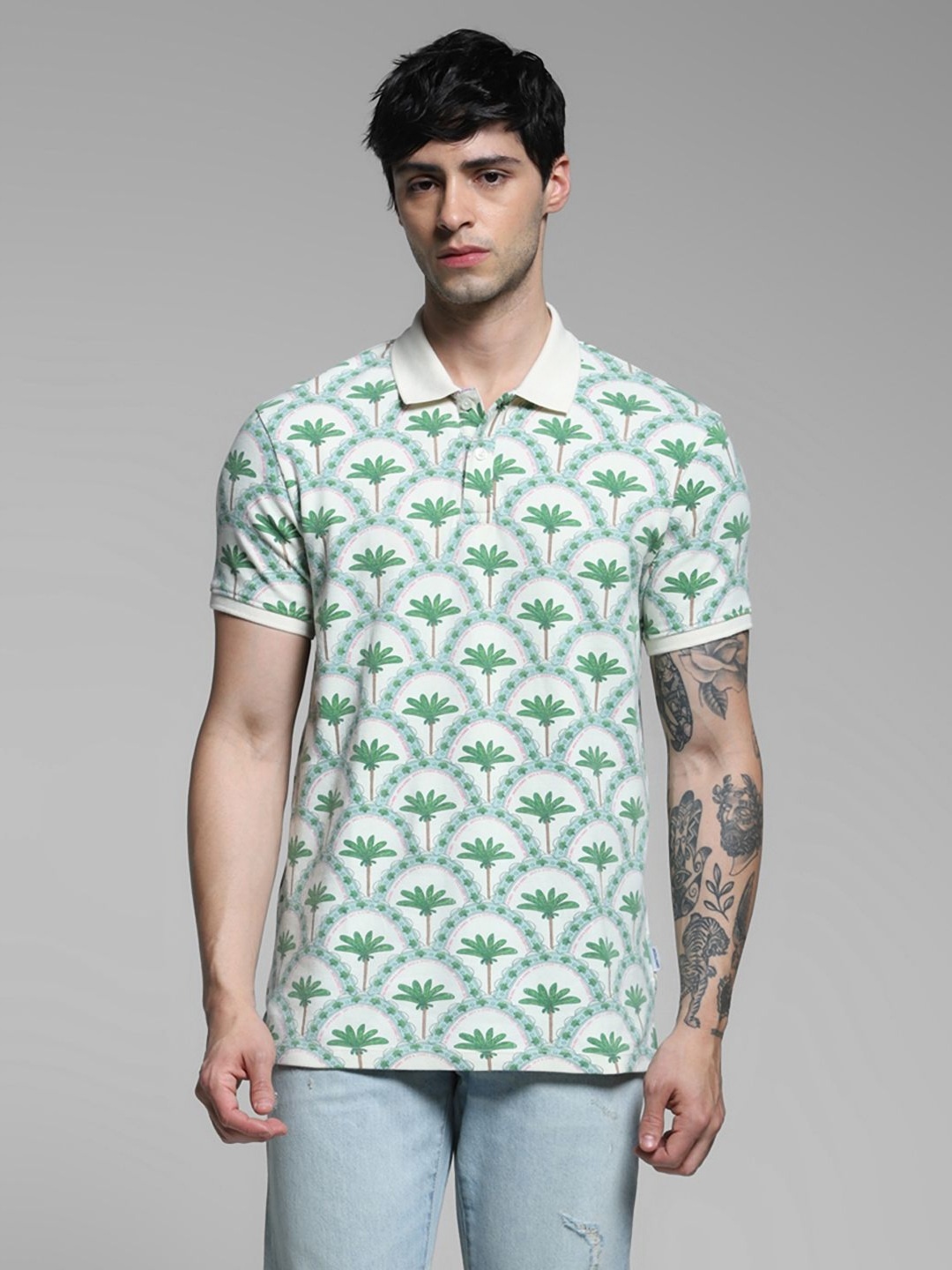

Jack & Jones Men Floral Printed Polo Collar Raw Edge T-shirt, White