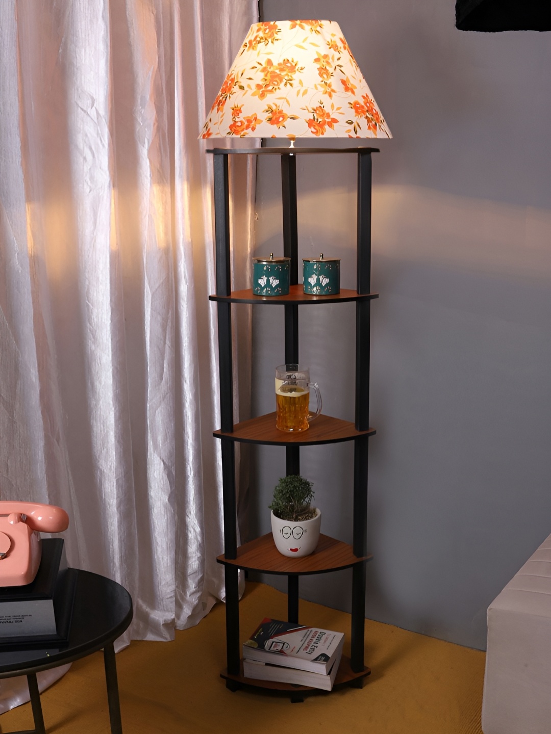 

Devansh White & Brown Printed Cotton Conical Wooden Floor Lamp With Shelves