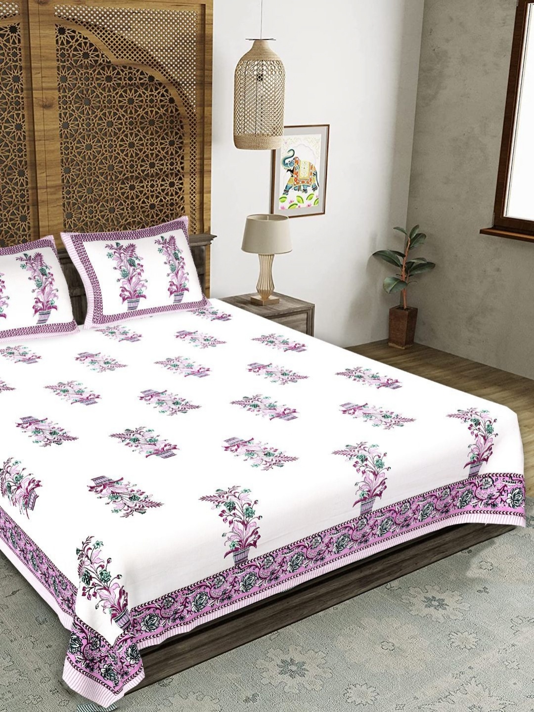 

Butea Crape White & Purple Floral 180 TC King Bedsheet with 2 Pillow Covers