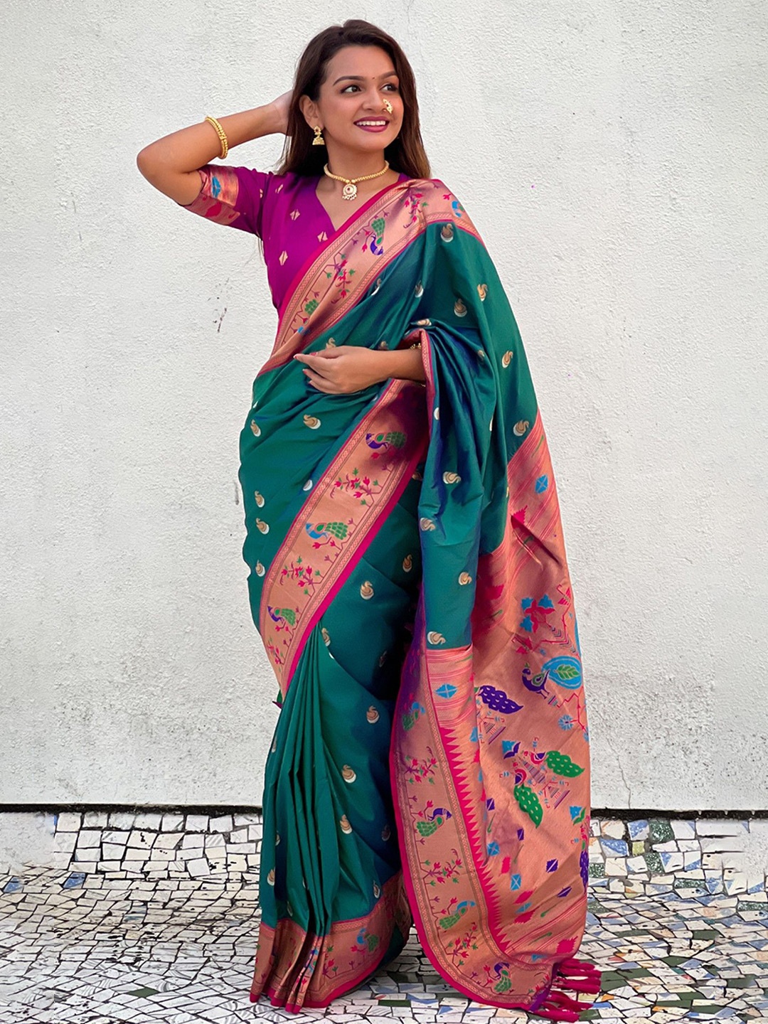 

Rangtulika Ethnics Woven Design Zari Paithani Saree, Green