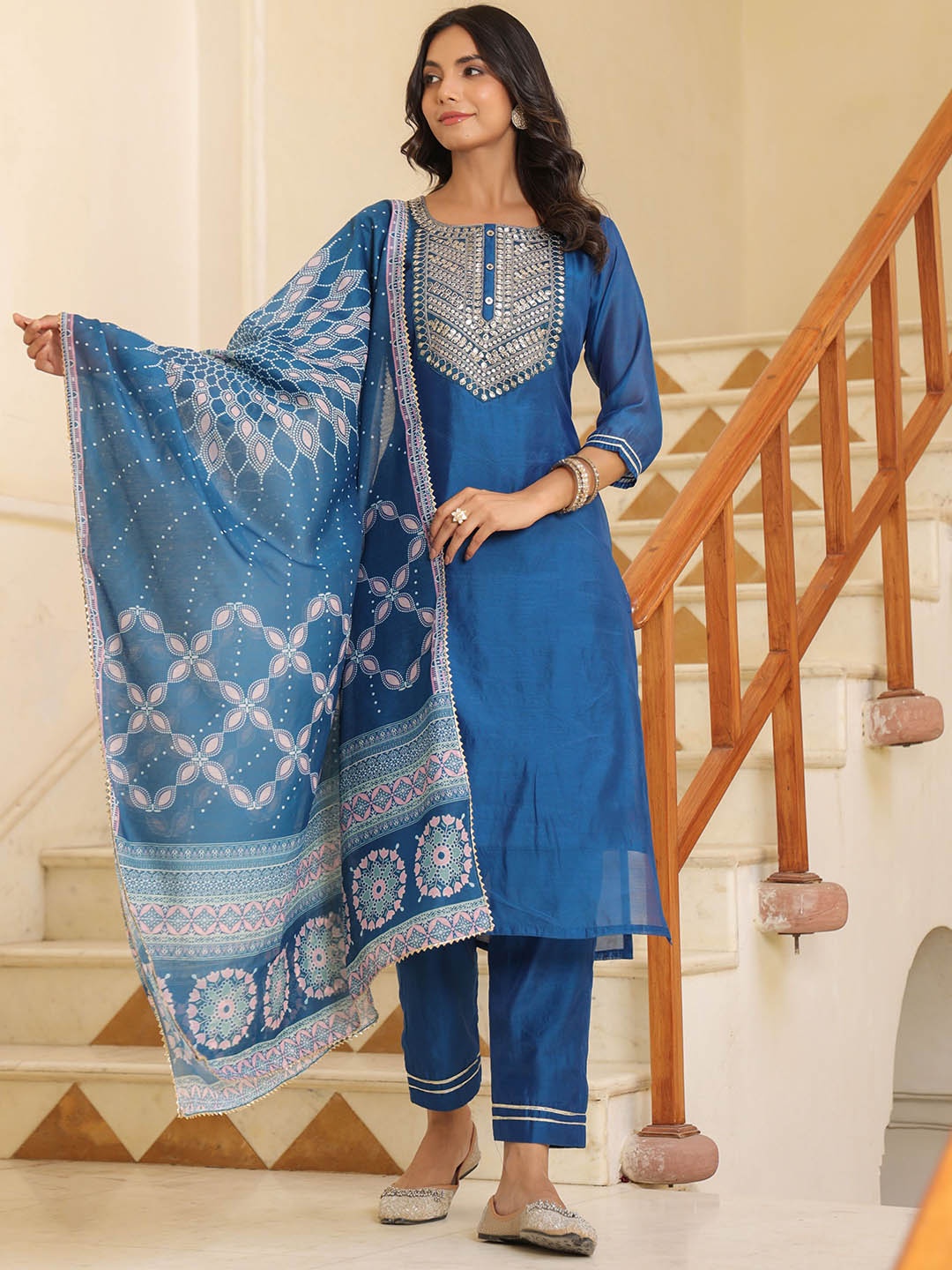 

AURIELLA Women Ethnic Motifs Embroidered Regular Sequinned Chanderi Silk Kurta with Trousers & With Dupatta, Blue