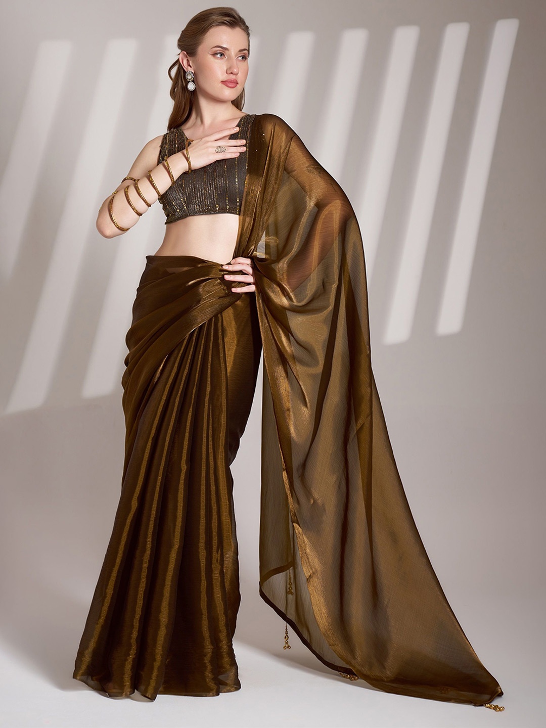 

MAHALASA Solid Organza Saree with Blouse Piece, Brown