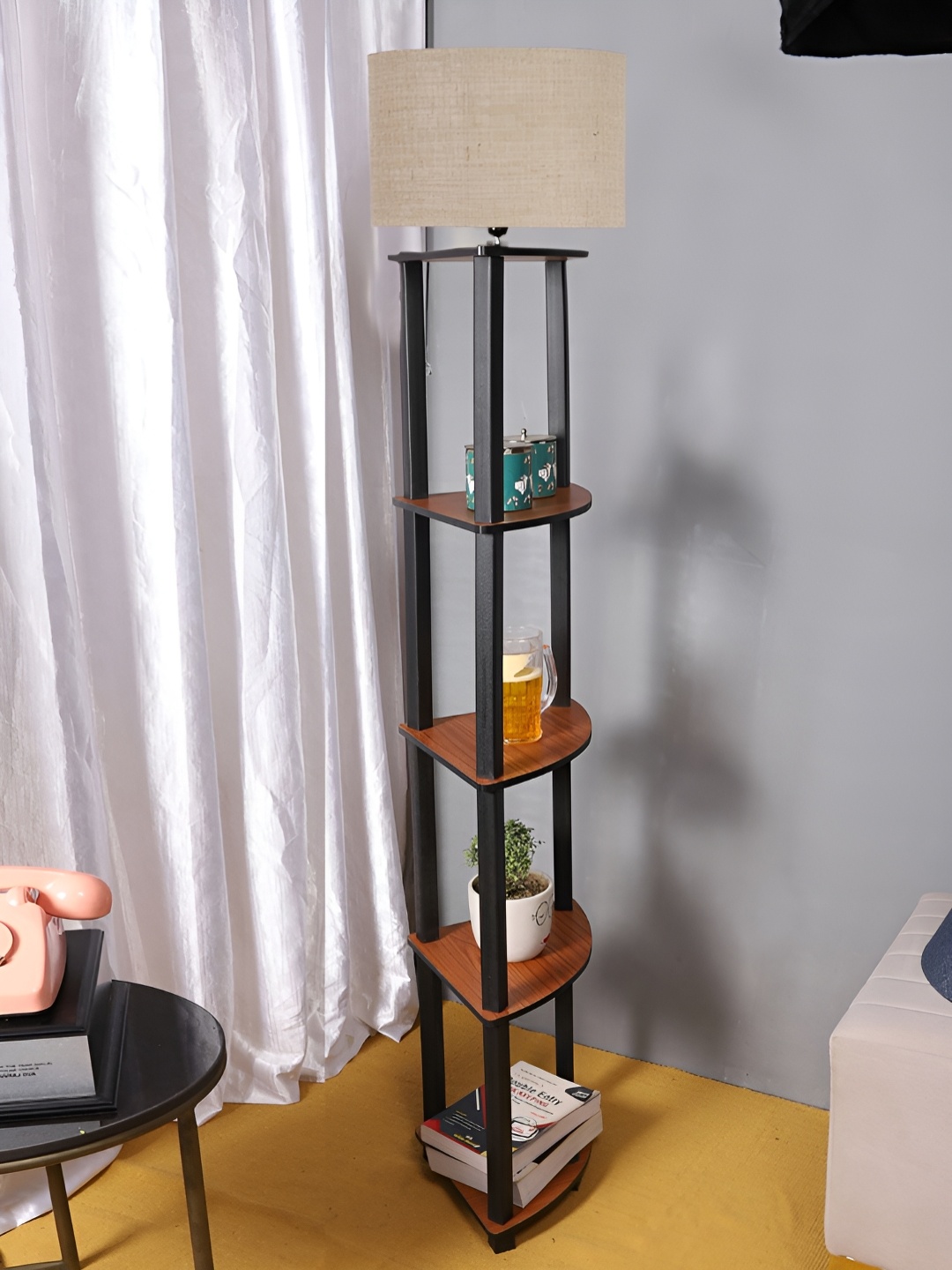 

Devansh Beige Drum Shaped Wooden Shelf Floor Lamp