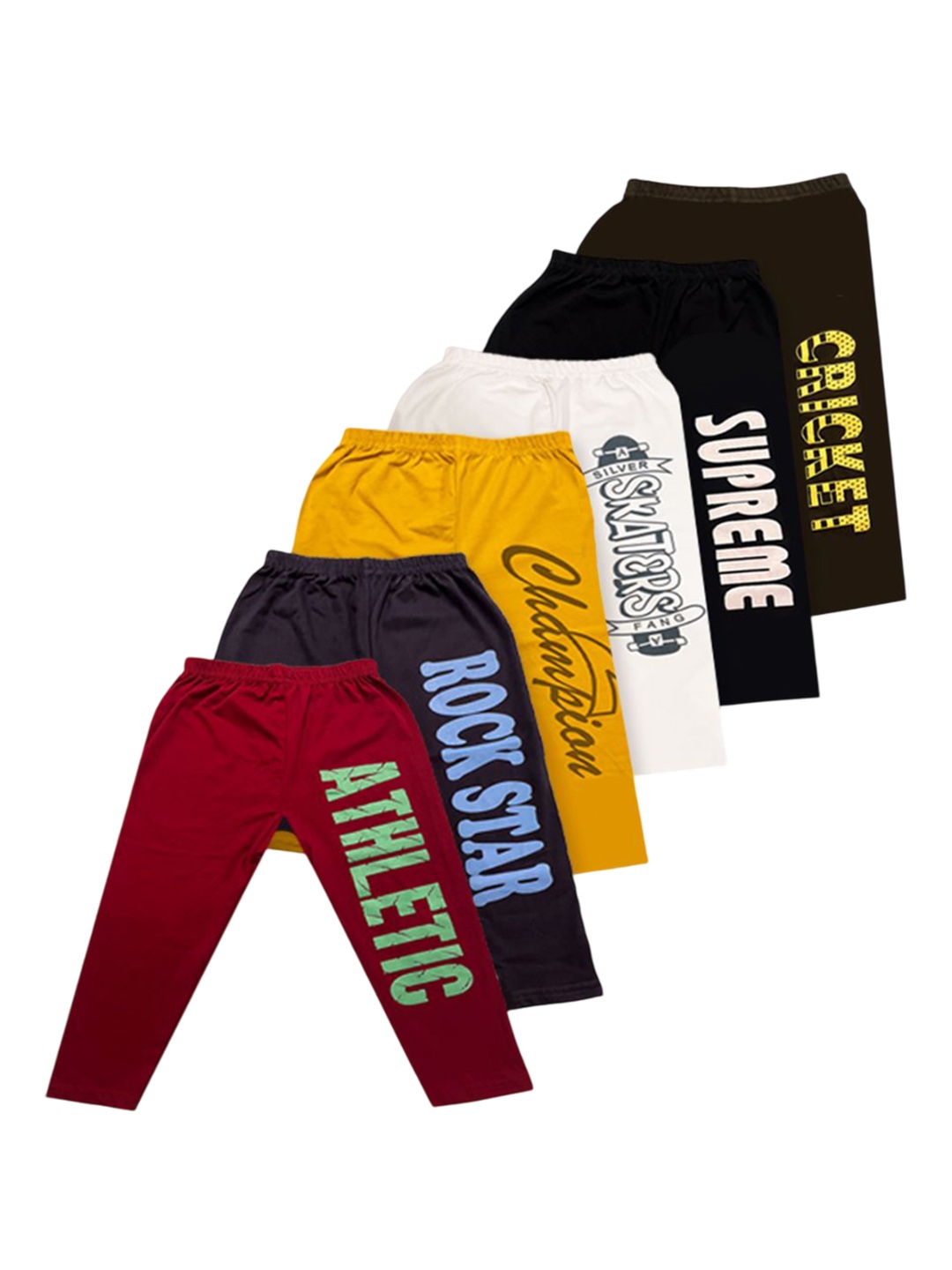 

Mega style Kids Pack Of 6 Typography Printed Cotton Track Pants, White