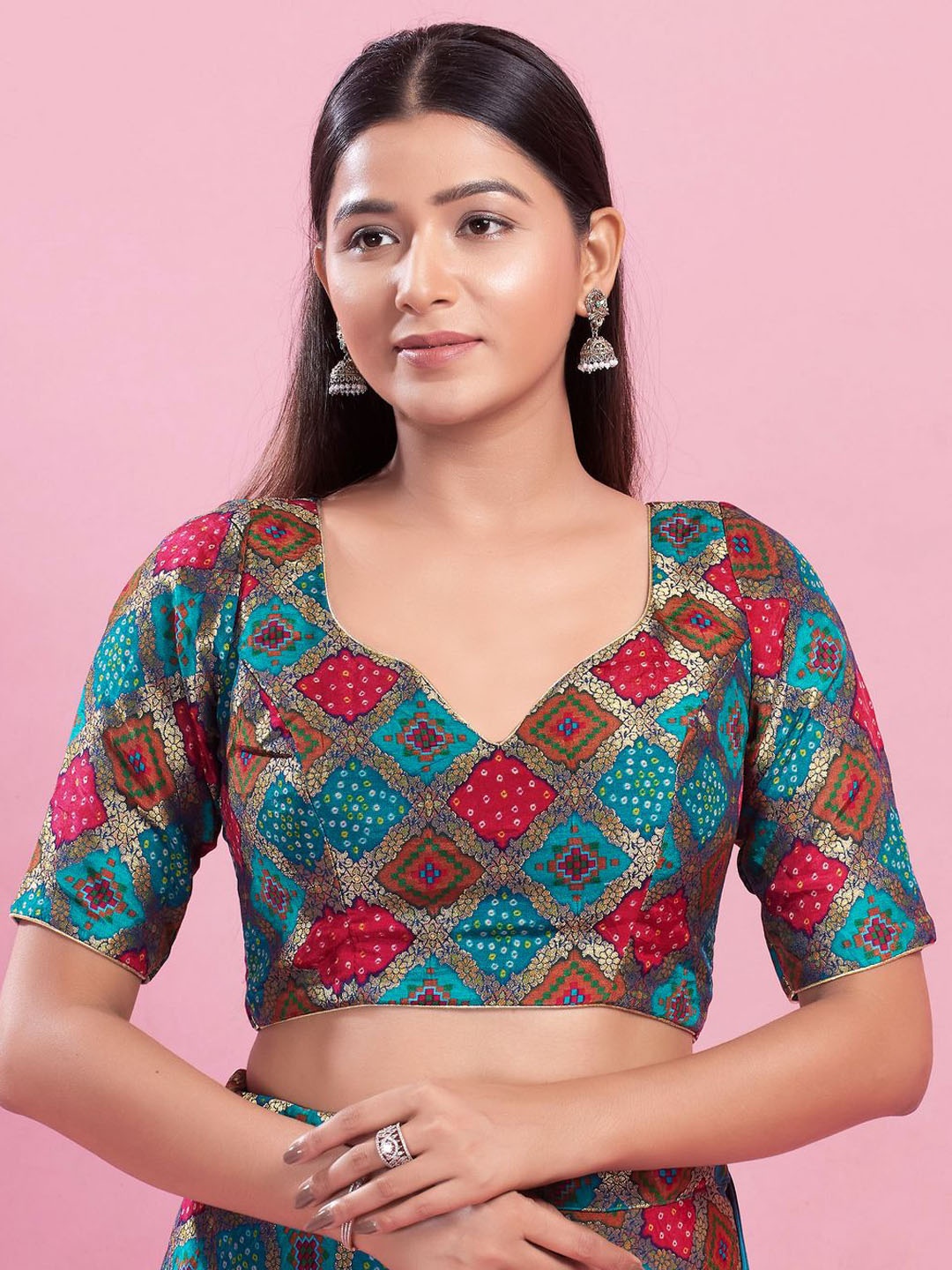 

VAMAS - THE DESIGNER BLOUSES Woven Design Brocade Sweetheart Neck Padded Saree Blouse, Green