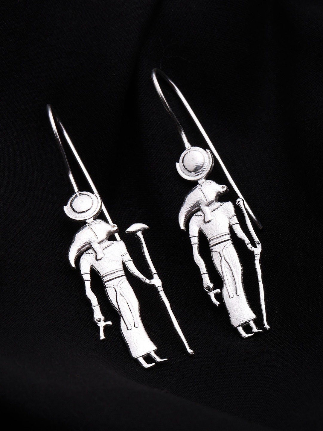 

Exotic India Sterling Silver Contemporary Egyptian Tribal Oxidised Hoop Earrings, Grey