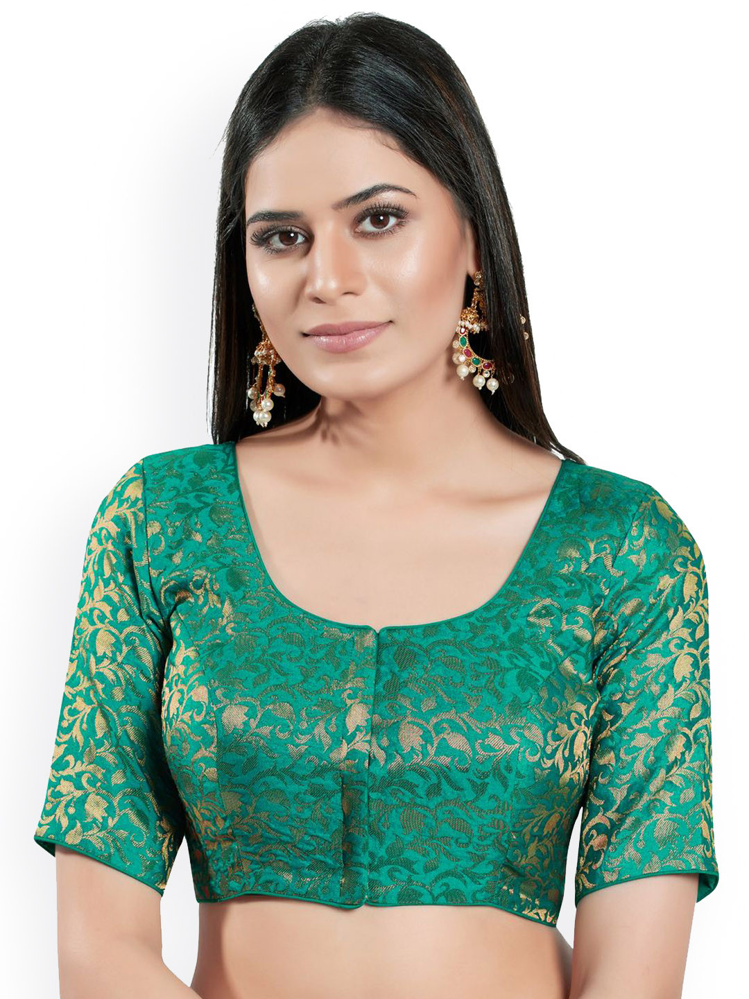 

VAMAS - THE DESIGNER BLOUSES Woven Design Brocade Round Neck Padded Saree Blouse, Green