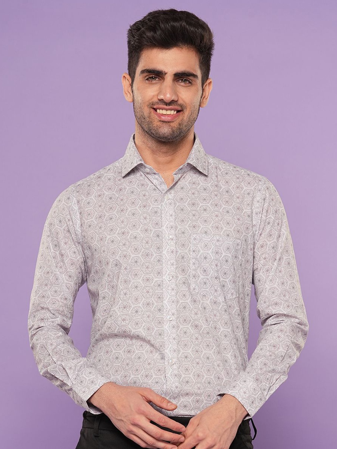 

John Philips Men Slim Fit Floral Opaque Printed Casual Shirt, Grey