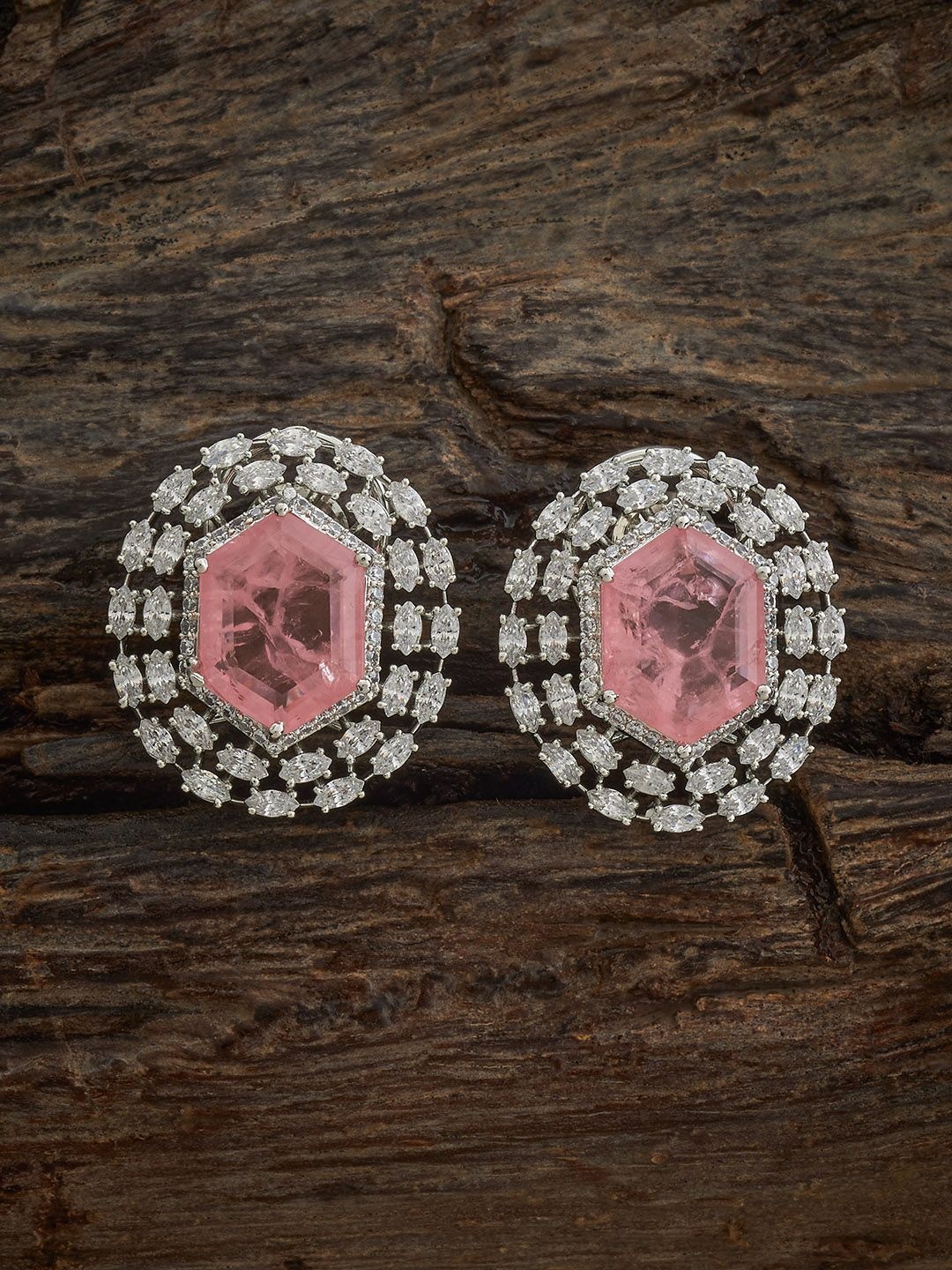 

Kushal's Fashion Jewellery Rhodium-Plated Circular Shaped Zircon Studs Earrings, Pink