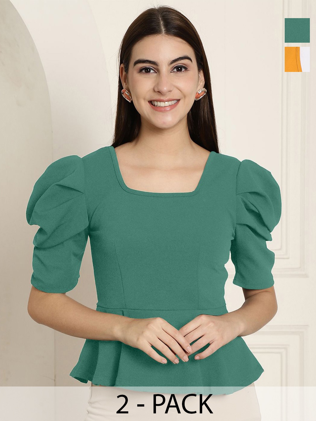 

Tromko Women Pack Of 2 Square Neck Puff Sleeve Empire Top, Green