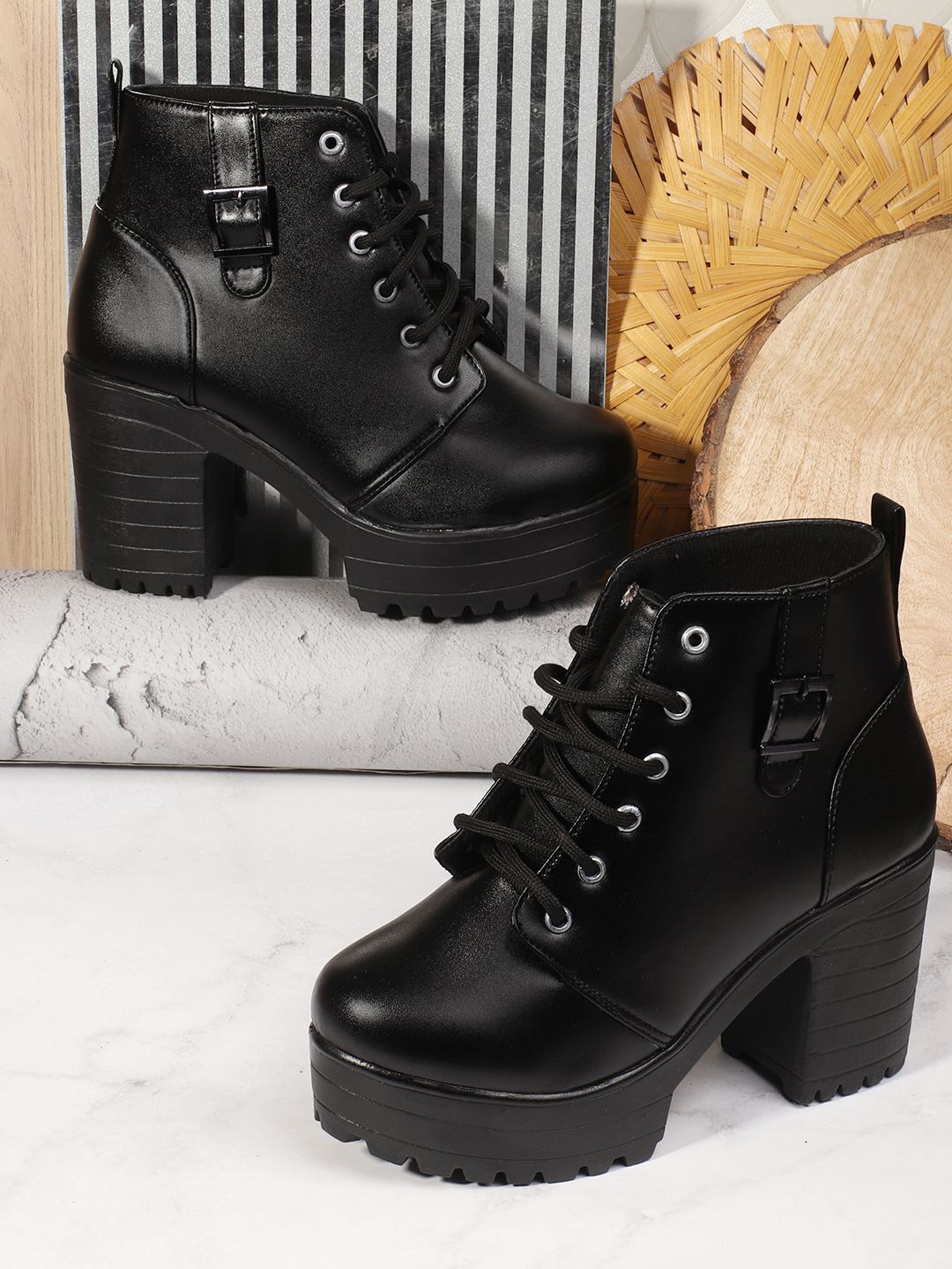 

STRASSE PARIS Women Round Toe Buckle Lace Up Chunky Block Heel Boots, Black
