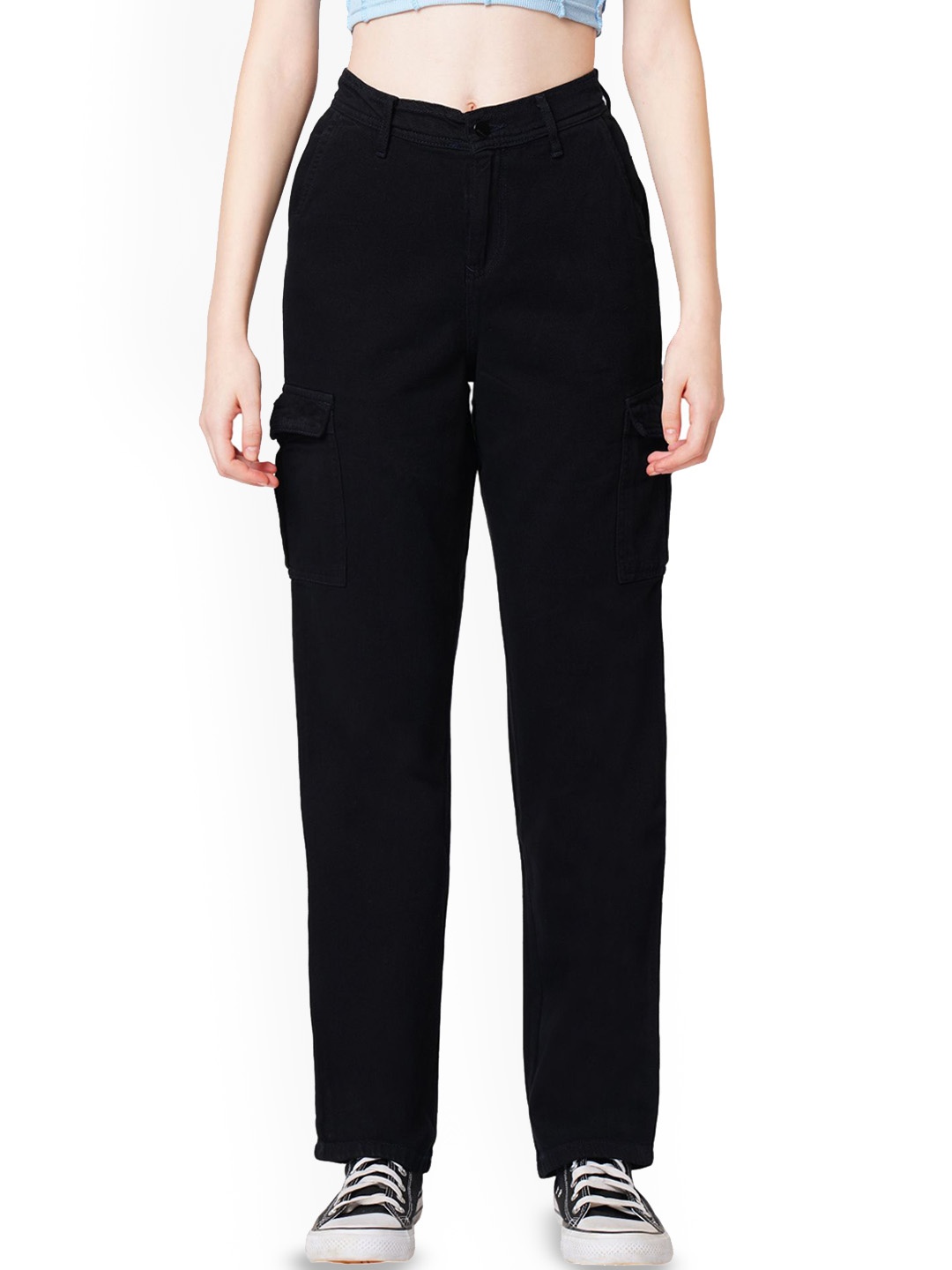 

Kraus Jeans Women High-Rise Loose Fit Cargos, Black