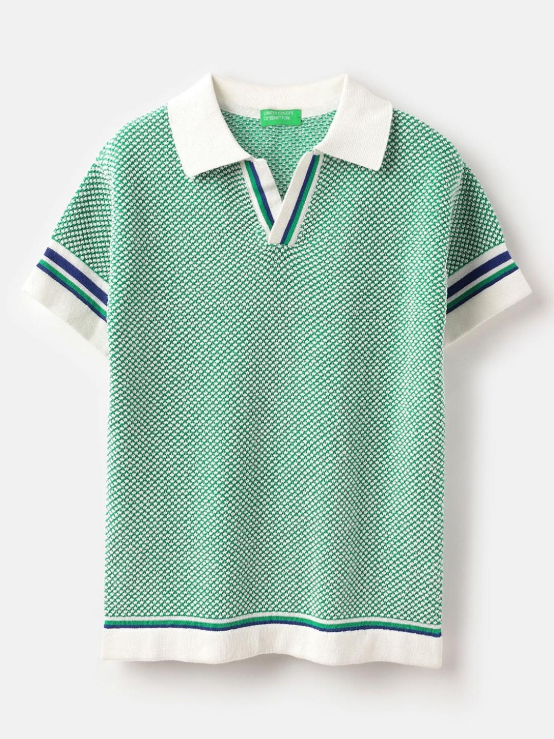 

United Colors of Benetton Boys Polka Dot Printed Polo Collar Pure Cotton Pockets T-shirt, Green