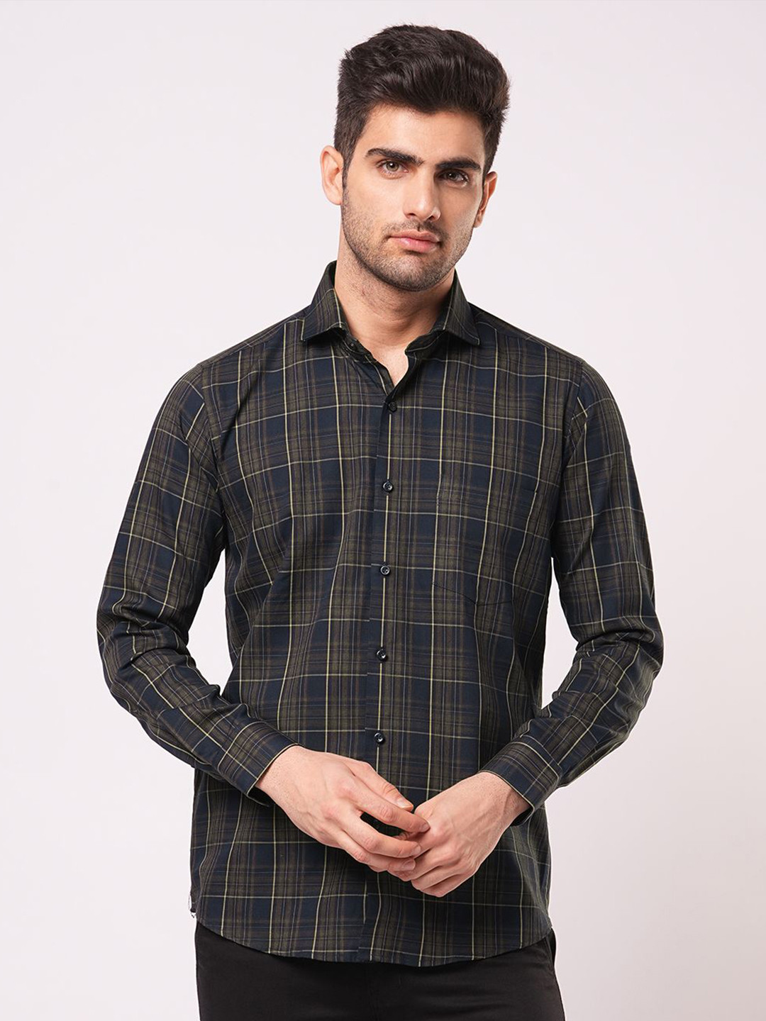 

John Philips Men Slim Fit Opaque Checked Casual Shirt, Navy blue