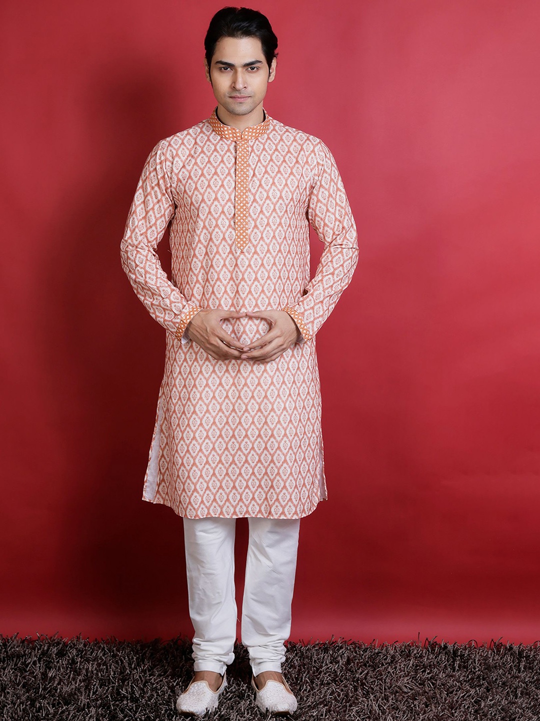 

KHAAS Floral Mandarin Collar Cotton Silk Straight Kurta, White