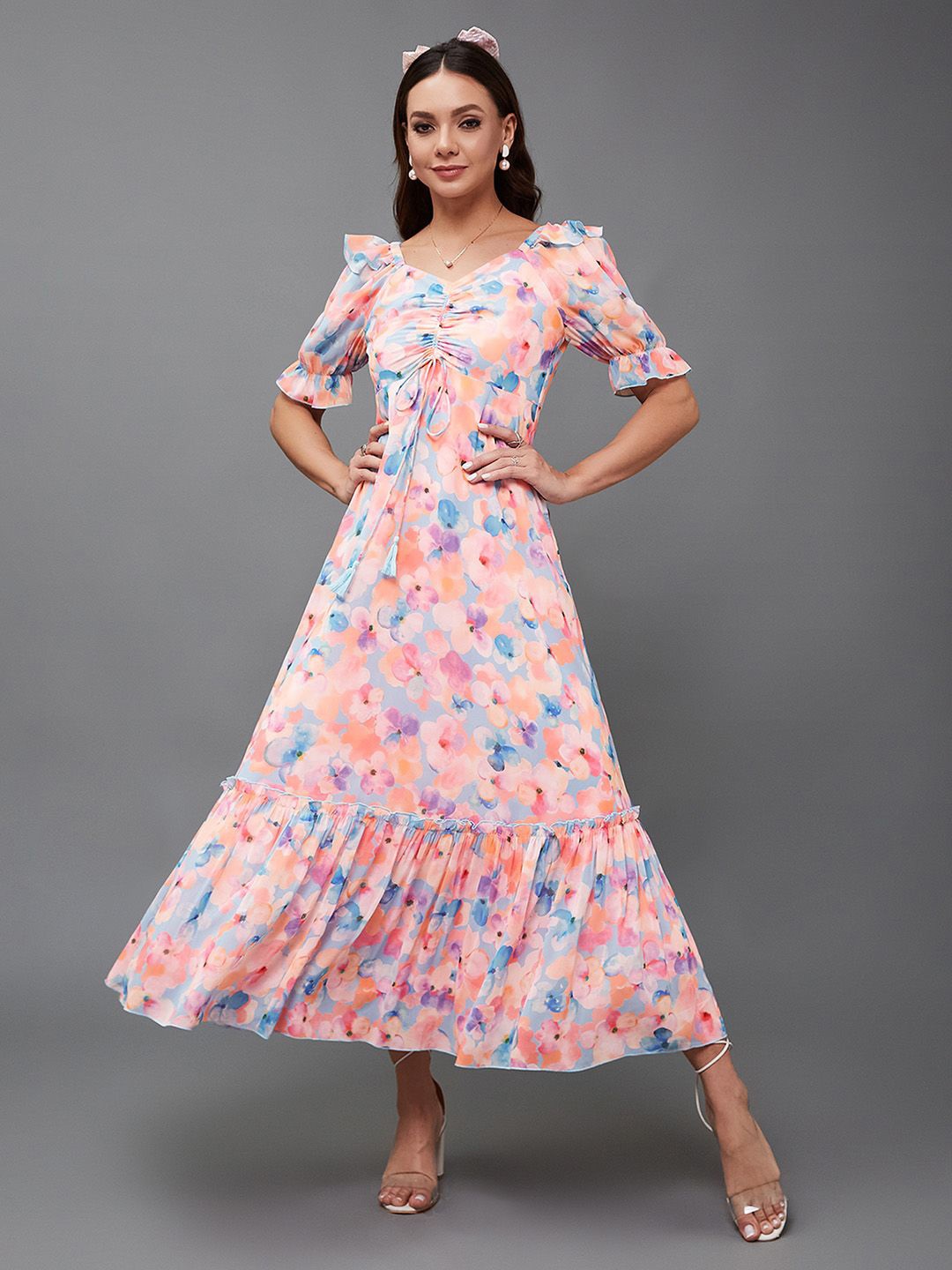 

Miss Chase Floral Print Flared Sleeve Georgette Fit & Flare Maxi Dress, Multi