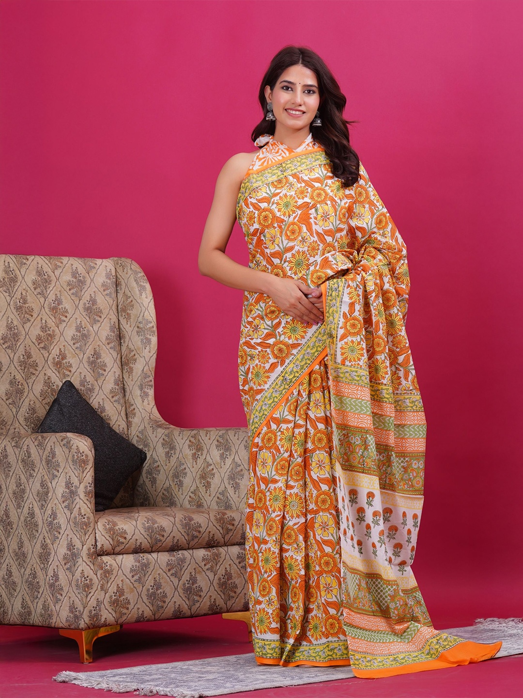 

Shivanya Handicrafts Ethnic Motifs Printed Pure Mulmul Cotton Block Print Saree, Orange
