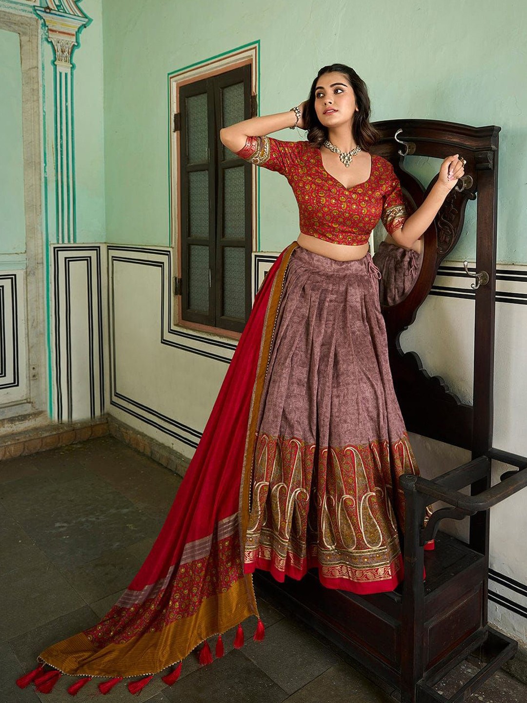 

RADHVI BIZ Ethnic Motifs Printed Ready to Wear Lehenga & Semi-Stitched Blouse With Dupatta, Brown