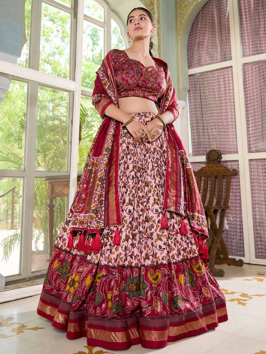 

RADHVI BIZ Floral Printed Lehenga & Semi-Stitched Blouse With Dupatta, Red