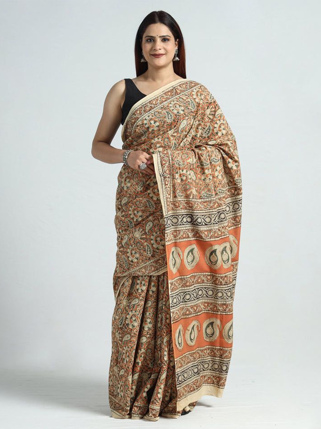 

iTokri Paisley Printed Pure Cotton Block Print Saree, Brown