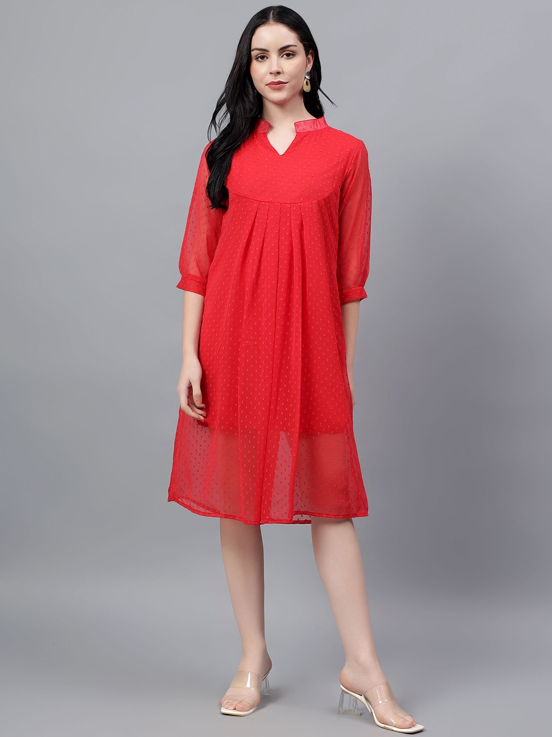 

Bright Nex Women Puff Sleeve Georgette A-Line Dress, Red