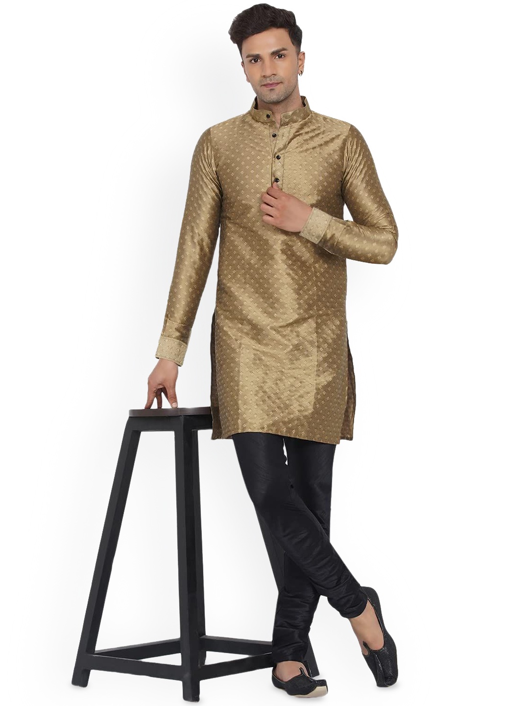 

VEERA PARIDHAAN Ethnic Motifs Woven Design Band Collar Jacquard Kurta, Brown