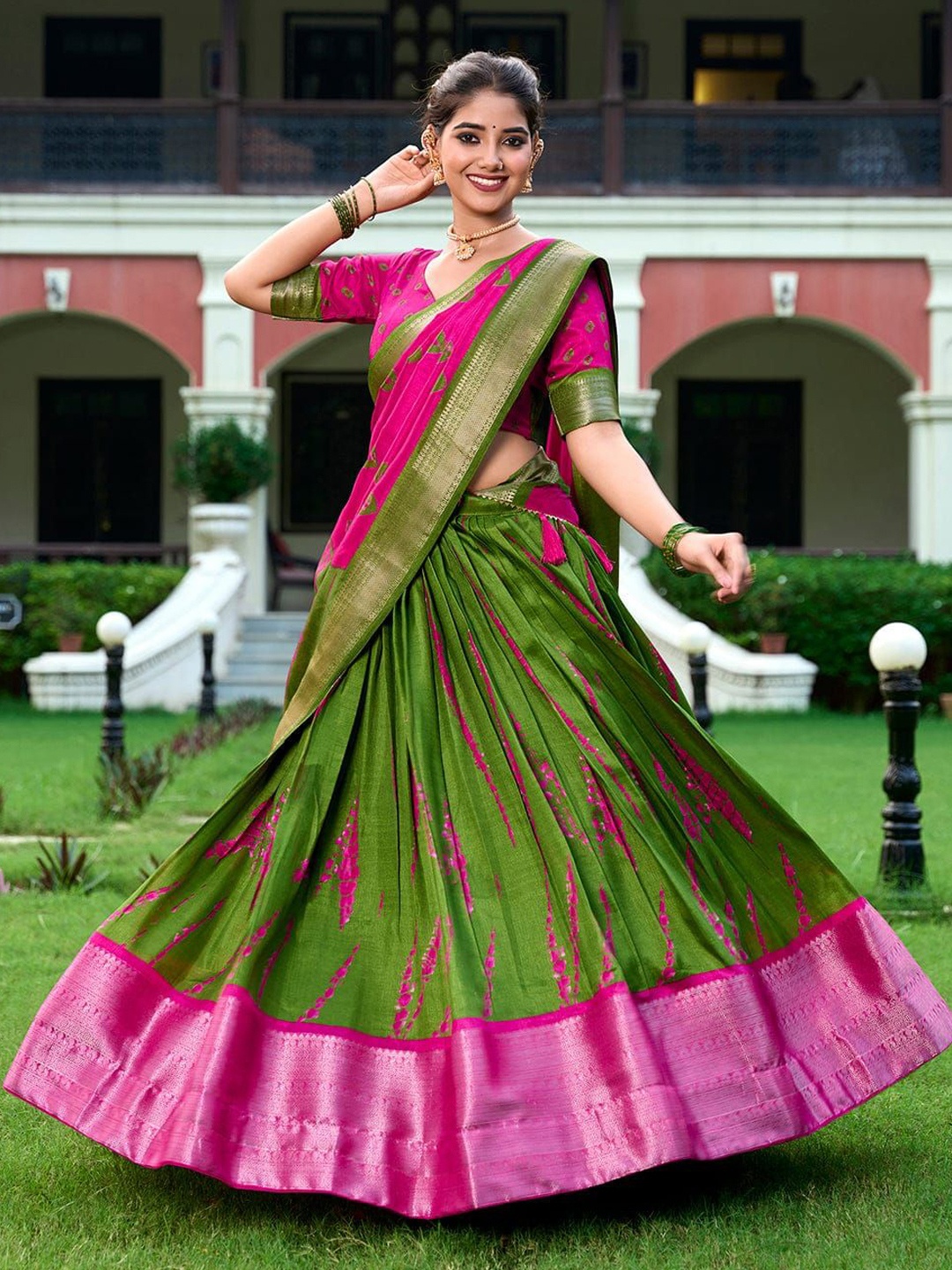 

RADHVI BIZ Floral Printed Ready to Wear Silk Lehenga & Semi-Stitched Blouse With Dupatta, Green