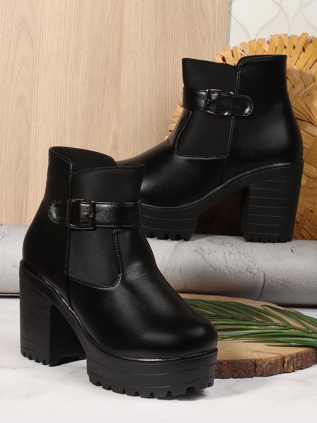 

STRASSE PARIS Women Round Toe Ankle Buckle Zipper Chunky Block Heeled Boots, Black