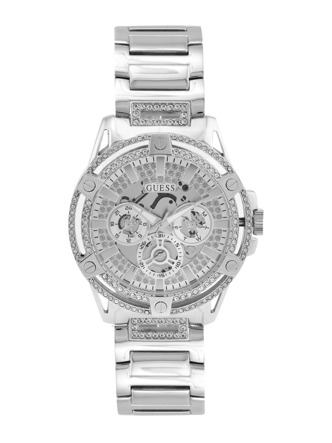 

GUESS Men Embellished Bracelet Style Straps Analogue Multi Function Watch GW0497G1, Silver