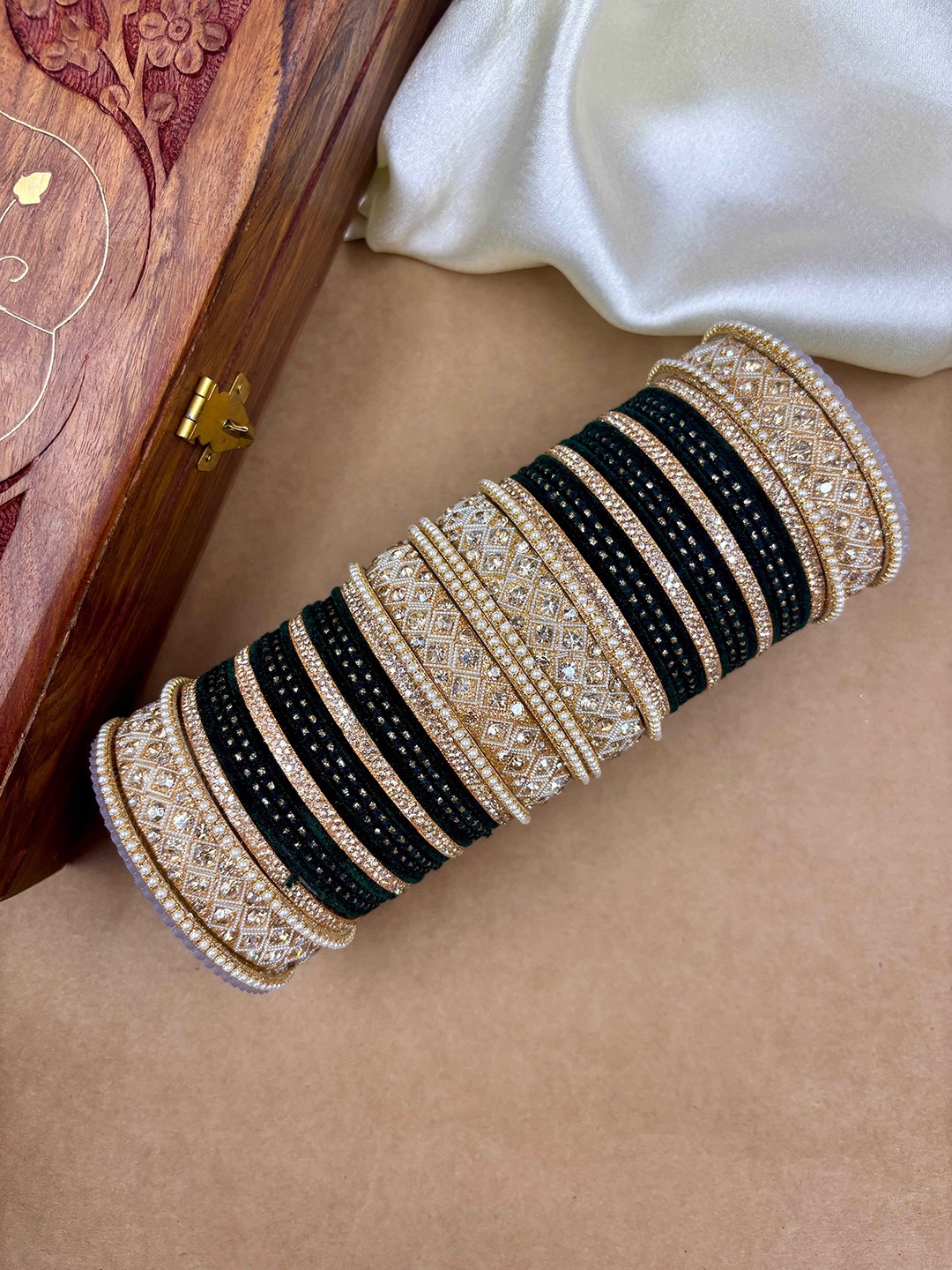

Wedding Chuda by Hitesh Bangles Set Of 52 Stone Studded Velvet Bangles, Gold