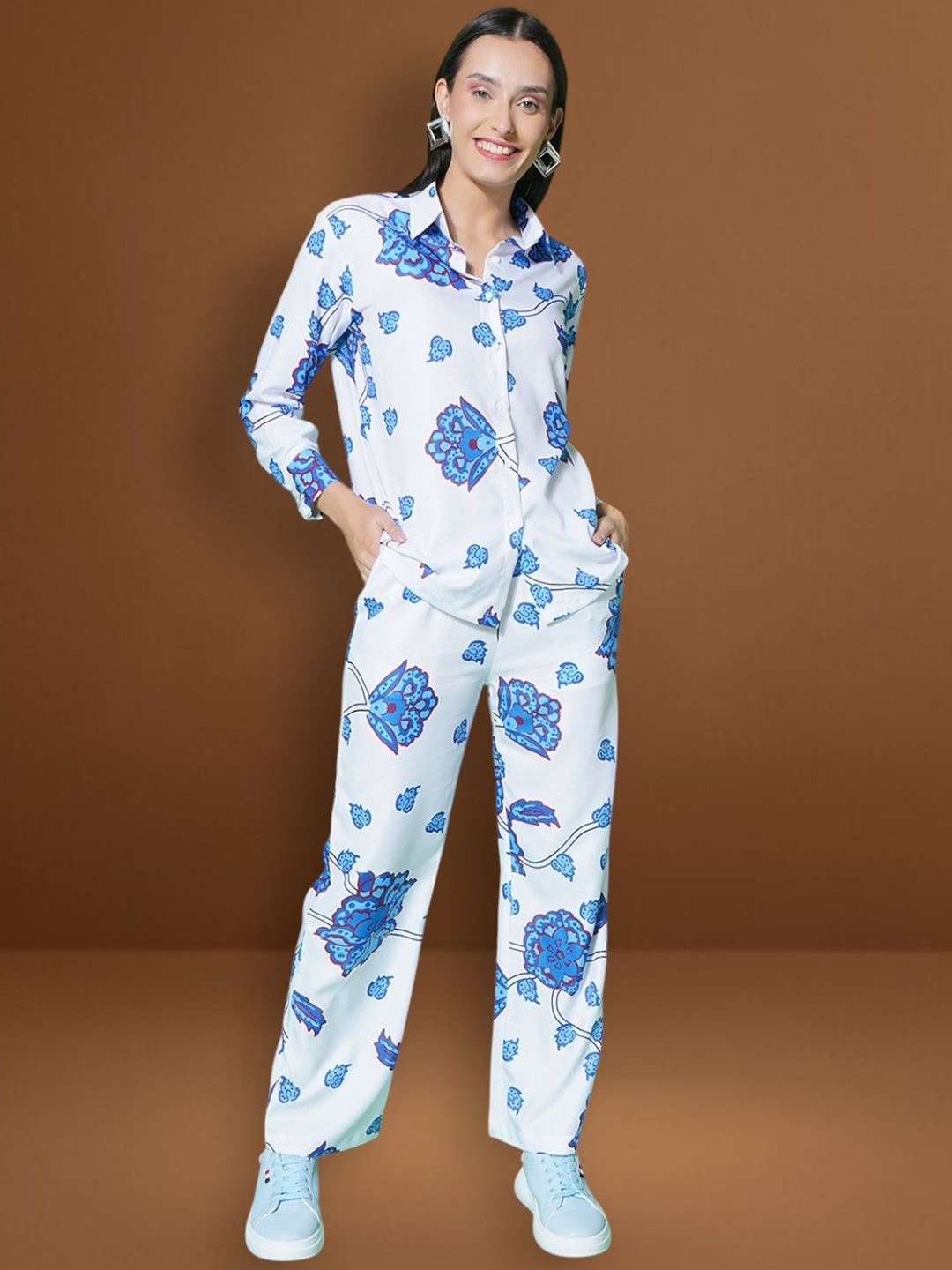 

KATLINE Floral Printed Shirt Collar Shirt With Trouser, Blue