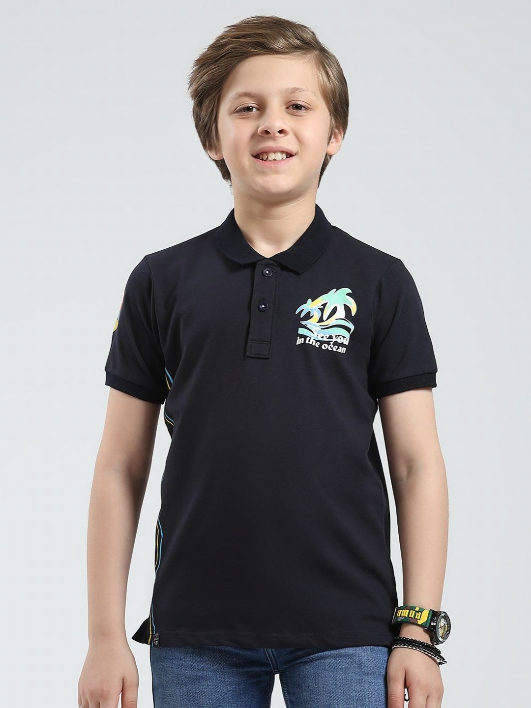 

Monte Carlo Boys Printed Polo Collar Monochrome Applique T-shirt, Navy blue