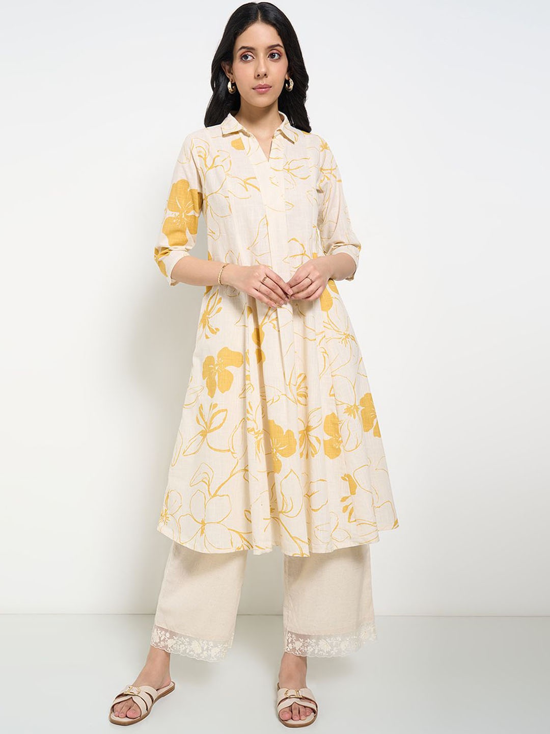 

RANGMANCH BY PANTALOONS Floral Printed Shirt Collar A-Line Kurta, Cream