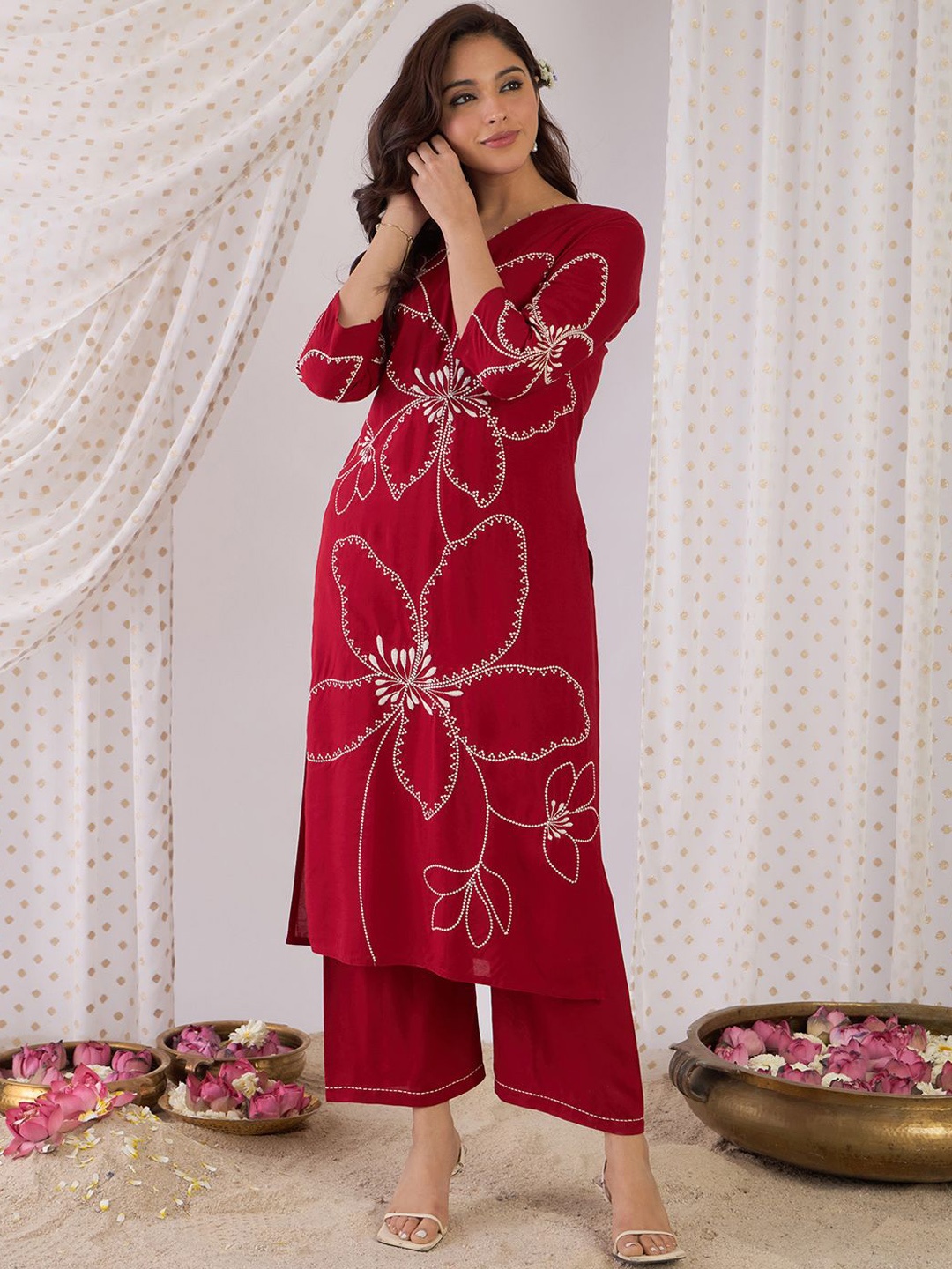 

Indo Era Floral Embroidered Beads And Stones Straight Kurta With Palazzos, Maroon