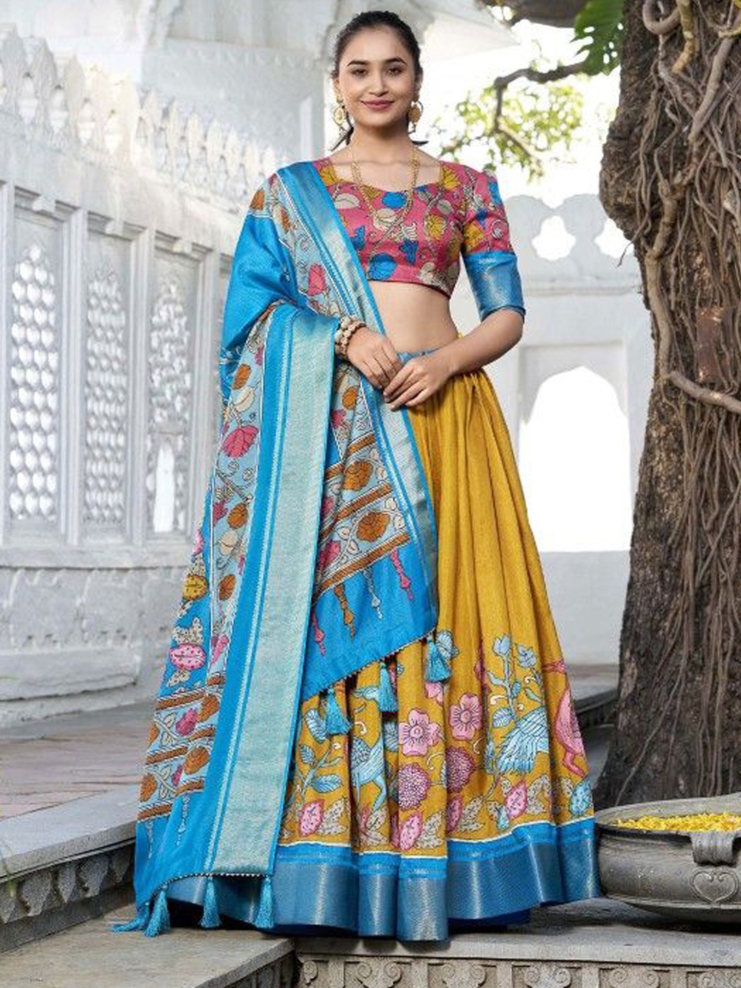 

RADHVI BIZ Printed Silk Lehenga With Semi-Stitched Blouse & Dupatta, Yellow